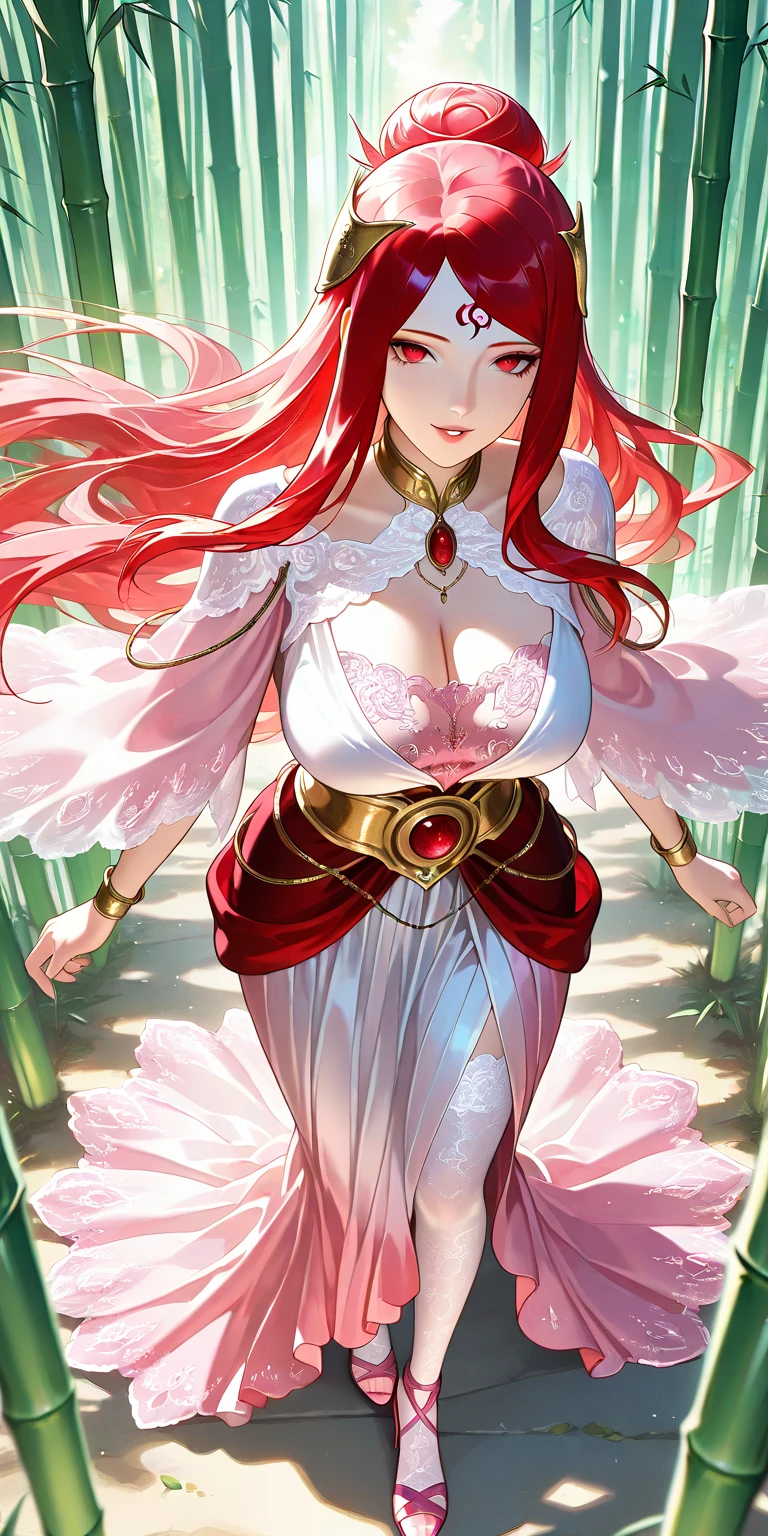 absurdres, highres, ultra detailed, HDR, master piece, best quality, Nami, long orange hair, expressive brown eyes, one piece, solo, woman, beautiful, white dress, red jacket, pink butterflies, petals, pink flowers, magical, fantasy, glittering, pink background