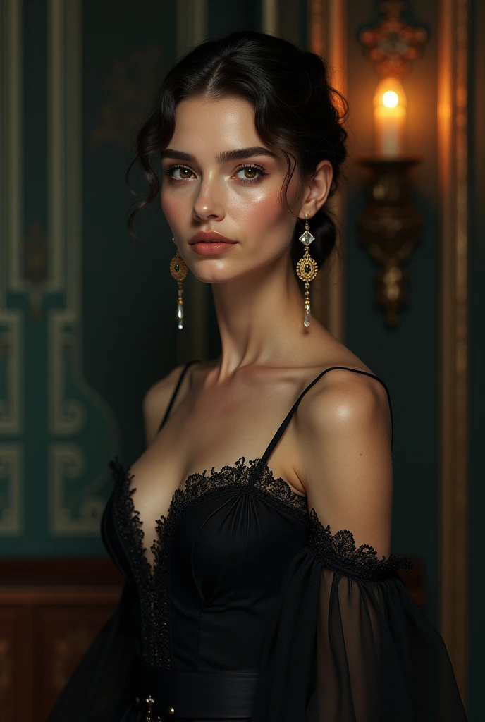 1girl, solo, black hair, gloves, dress, realistic <lora:lace-HXZ:0.7>cleavage