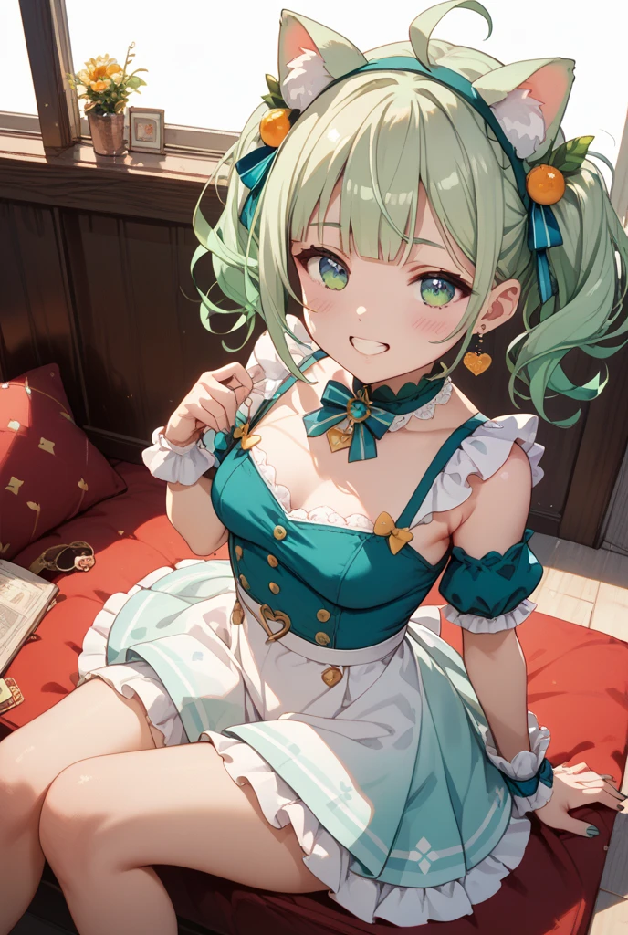 masterpiece, best quality, highres,bokeh,1beautiful girl,mouth wide open、tongue、長いtongue、tongueを突き出している,open shirt,in bedroom,looking at viewer,(drool,saliva drop shirt,saliva trail:1.2),(vulgarity),,FaunaBase, long hair, braided bangs, hair flower, blue dress, wide sleeves, single thighhigh, bridal gauntlets,(wood horn:1.2),green hair,frown,drinking_from_condom,cumdrip,used condom,