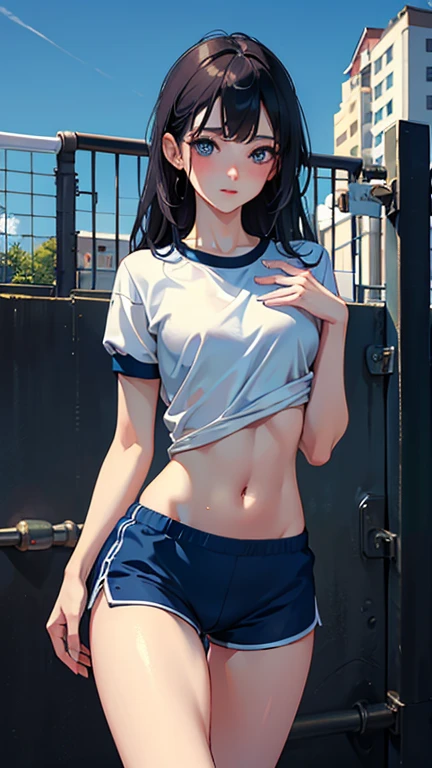 (masterpiece, best quality:1.2), <lora:certainmagicalindex_fukiyose-10:1>, cowboy shot, solo, 1girl, fukiyose seiri, serious, closed mouth, looking at viewer, crossed arms, jacket on shoulders, gym uniform