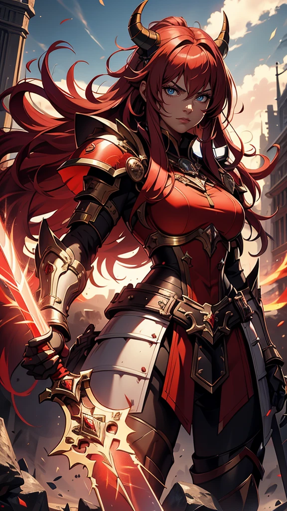 (炎の魔法sword、Fire effect、Shining)、(Golden wavy long hair)、Sleepy expression、Embarrassing、Red metallic leotard、female knight、Huge breasts、Underboob、Sideboob、Gold Armor、Absolute area、Camel toe、、NSFW、Shooting from below、sword、glamorous、Thick thighs、Wide Hips、curve