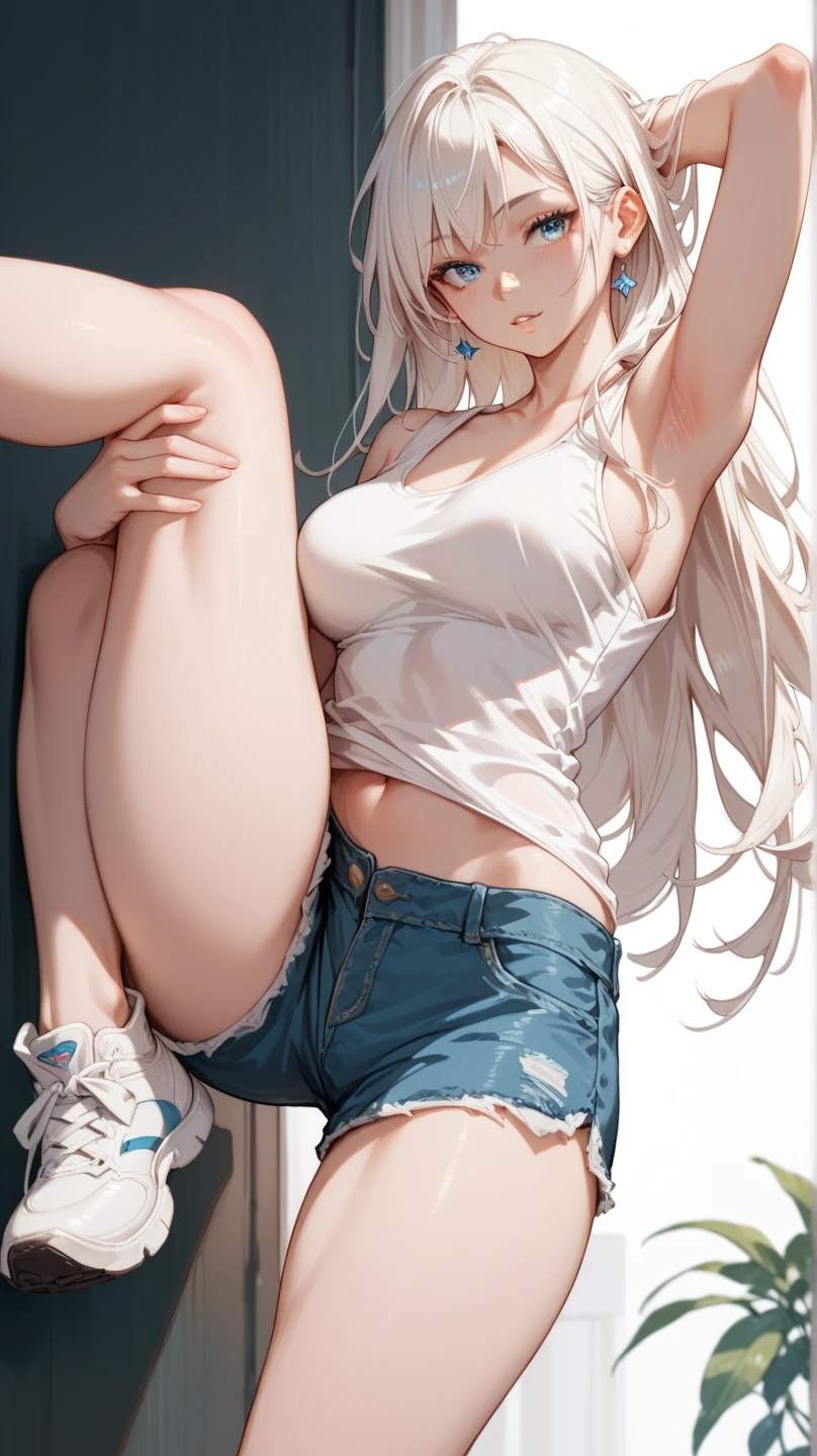 (masterpiece, Highest quality:1.2), One girl, alone, Are standing_Split, Long Hair, White sleeveless tank top, Blue Skirt、Standing on one leg, ミニスカート, masterpiece, anatomically correct, textured skin, high details, best quality, 16k