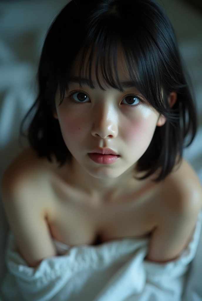 (shorth hair)), adorable, 1 girl, (faceoff), 10-year-old, baby face, glad, retrato de meio corpo, (details face: 1), (eye details: 1), ((breasts big)). ((Pleated plaid short skirt)), ((Red lips)), ((strapless))