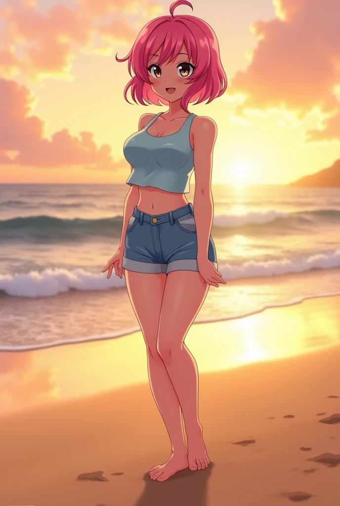 [nino nakano, short hair, bangs, blue eyes, hair ornament, hair ribbon, pink hair, blunt bangs, two side up, butterfly hair ornament, large breasts], 1girl, anime girl, anime, 2d girl, (fullbody), standing, anime girl, ((blowing kiss to viewer)), heart, Solo, Slim, Tight Shorts, low waist shorts, upshorts, The night background, in front of beach house, distant mountain in the background, stars in the sky, looking at viewer, darker shadows, (((explicit))), (((shorts))), (((absurdres))), (((thigh gap))), cameltoe, (((cameltoe))), (((cleft of venus))), (((pussy outline in shorts))), (((pussy contour in shorts))), (((lowleg shorts))),