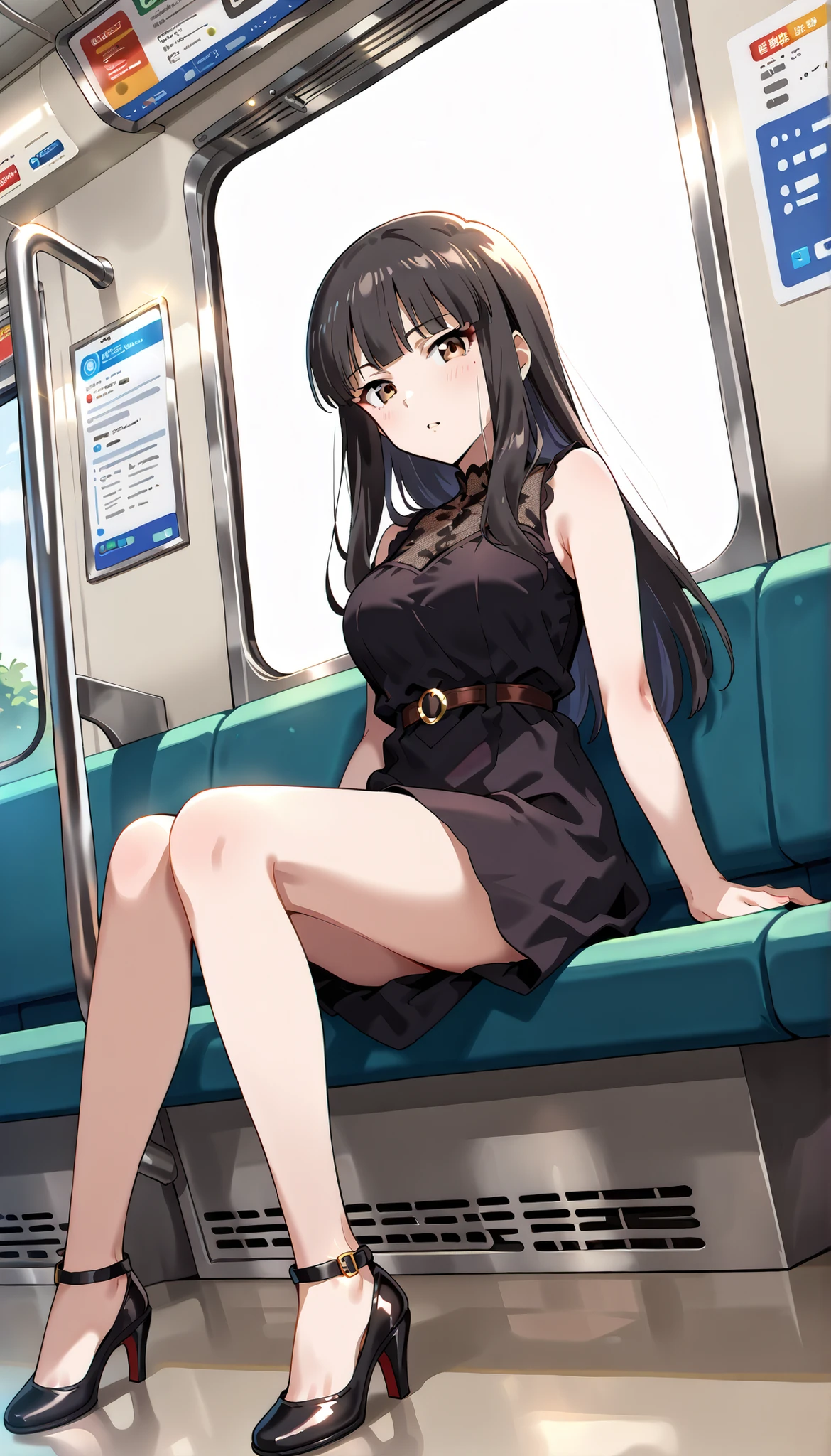 (Masterpiece:1.2), (high quality), (pixiv:1.4), (anime:1.4), panties, loose socks, black hair, buttocks, blue skirt, solo, blazer type, loose socks, lifting clothes, brown eyes, pure gaze, miniskirt, herself lift, plaid skirt, blush,((medium breasts)), (heart-shaped pupils),(side ponytail), (a lot of sweat), Long hair, Physical education sitting, beauty legs, ((on the train))
