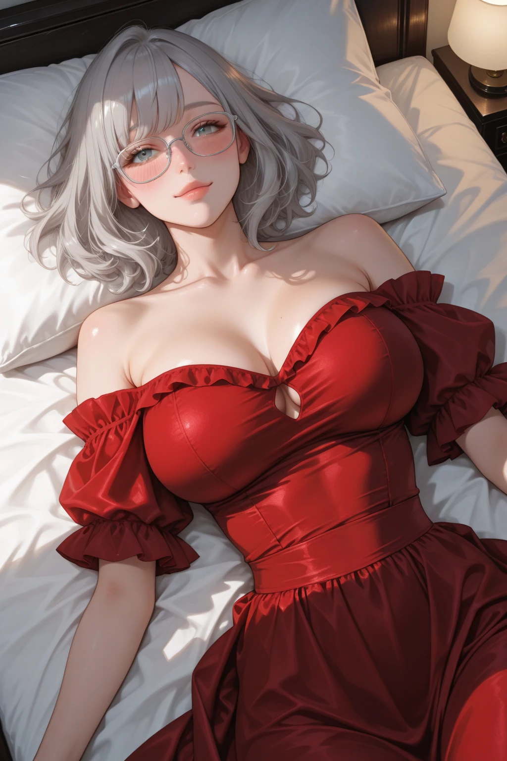 Best Quality,High resolution,8K,finelity detailed background,Masterpiece:1.2),beautiful girl,Glossy romance gray hair,crossed bangs,Gray eyes,Gentle look,A refreshing look,smile,Best quality,Best Quality,Aesthetic and aesthetic:1.2,Best details((Super detailed))(High-definition CG illustrations),Upper Body, Red underwear,(red intricate lace),Slender body,night,moon,Bedroom,On the bed,smile,blush,cute,Scrounge,Looking up,Being spoiled,super model,wariza,shoot from,below