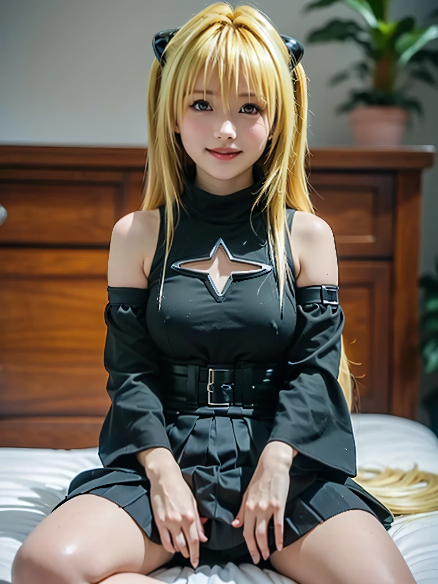 1girl, cute girl, slim body, (large Breasts, pointy breasts), looking at viewer, smile,
(((yami, very long hair, blonde hair, two side up, hair ornament, hair intakes, hair between eyes, bangs, red eyes))),
bare shoulders, ((black dress)), clothing cutout, detached sleeves, belt, thigh strap, (sheer dress naked dress),
slim body,
looking at viewer, smile,
upper body, cowgirl position, (Spread legs :1.3, skirt lift:1.75, show panty:1.5),
(masterpiece, best quality:1.4), (8k, raw photo, photo realistic:1.2), cinematic lighting, soft lighting, shiny skin, detailed skin, detailed face, detailed eyes,
in the bedroom, on bed,