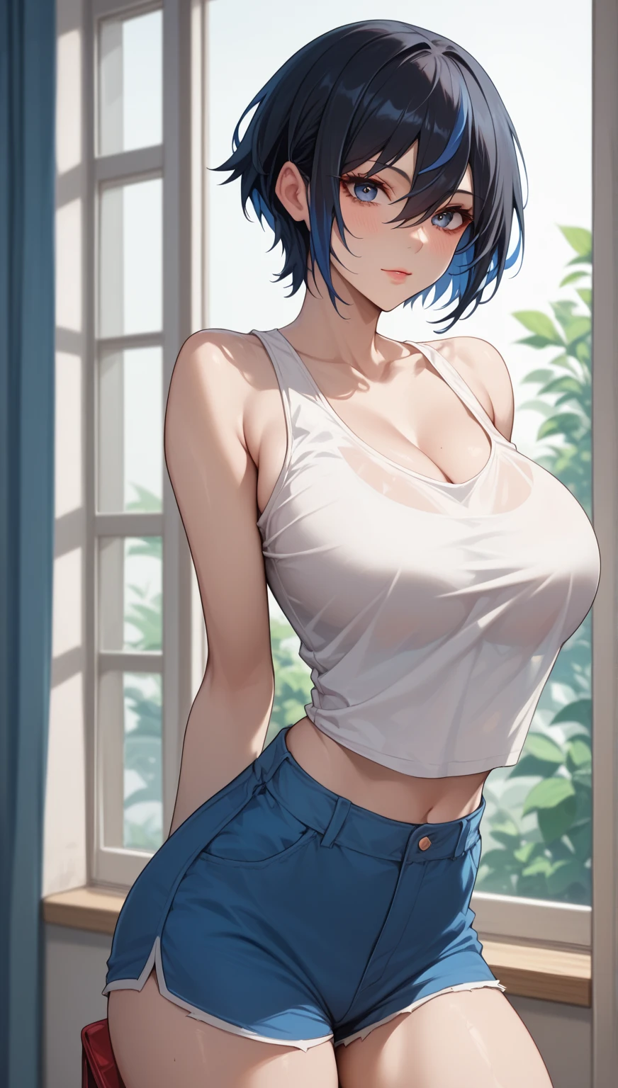 realistic, 1girl, full body, black short hair, glowing eyes,thin shirt with only one button, super mini jeans unbuttoned, under boobs , both hands tied into a hair, parted lips, big breast, blush, stand, moonlight, hyper-detailed, high quality, 8k, photorealistic, professional digital painting, dramatic lighting, vibrant colors, intricate details, serene atmosphere, natural environment, ethereal, dreamy