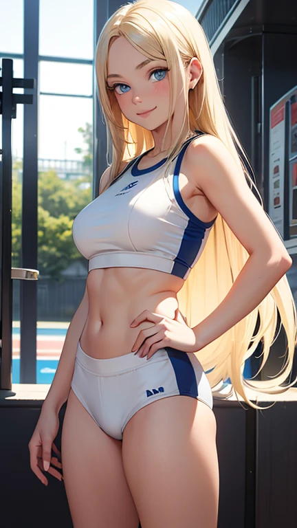 1girl, ((masterpiece, best quality, high resolution, 4k)), beauty, Whole body to see, blondes haar, einen zopf, ((blaue augen, realistische augen)), ((detaliertes gesicht, slightly flushed)), verschwitzt, dynamischer winkel, perfect body, ((wears sportswear, wearing a blue top, brust ist verdeckt, wears short blue pants, wears blue sneakers, bauchfrei)), ((perfect body, perfekter bauch, bauchmuskeln, schmaler bauch, sports body)), runs towards the viewer