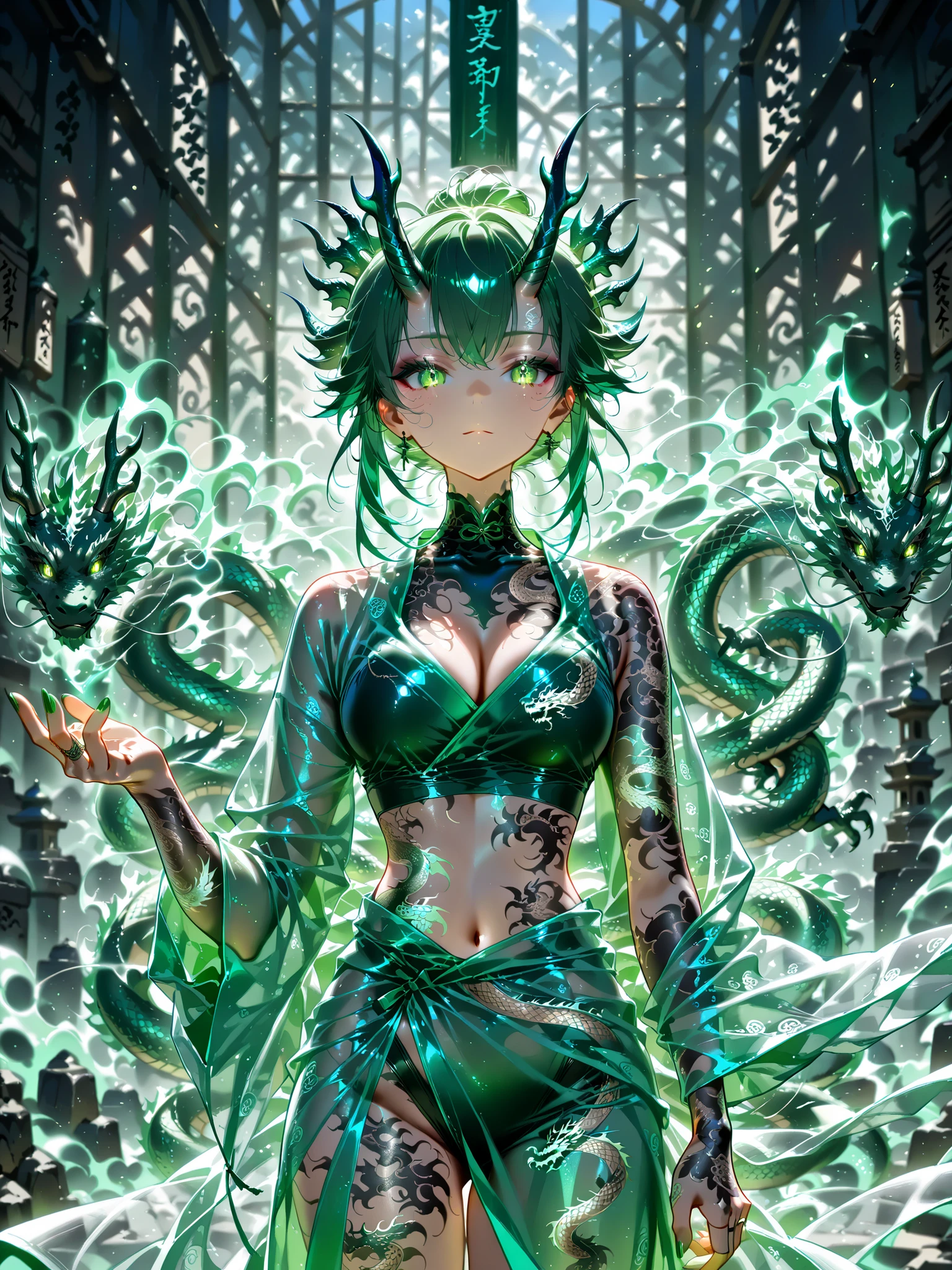 Girl in green transparent kimono, Dragon Horns, tattooed body hieroglyphs, dragon tattoo,