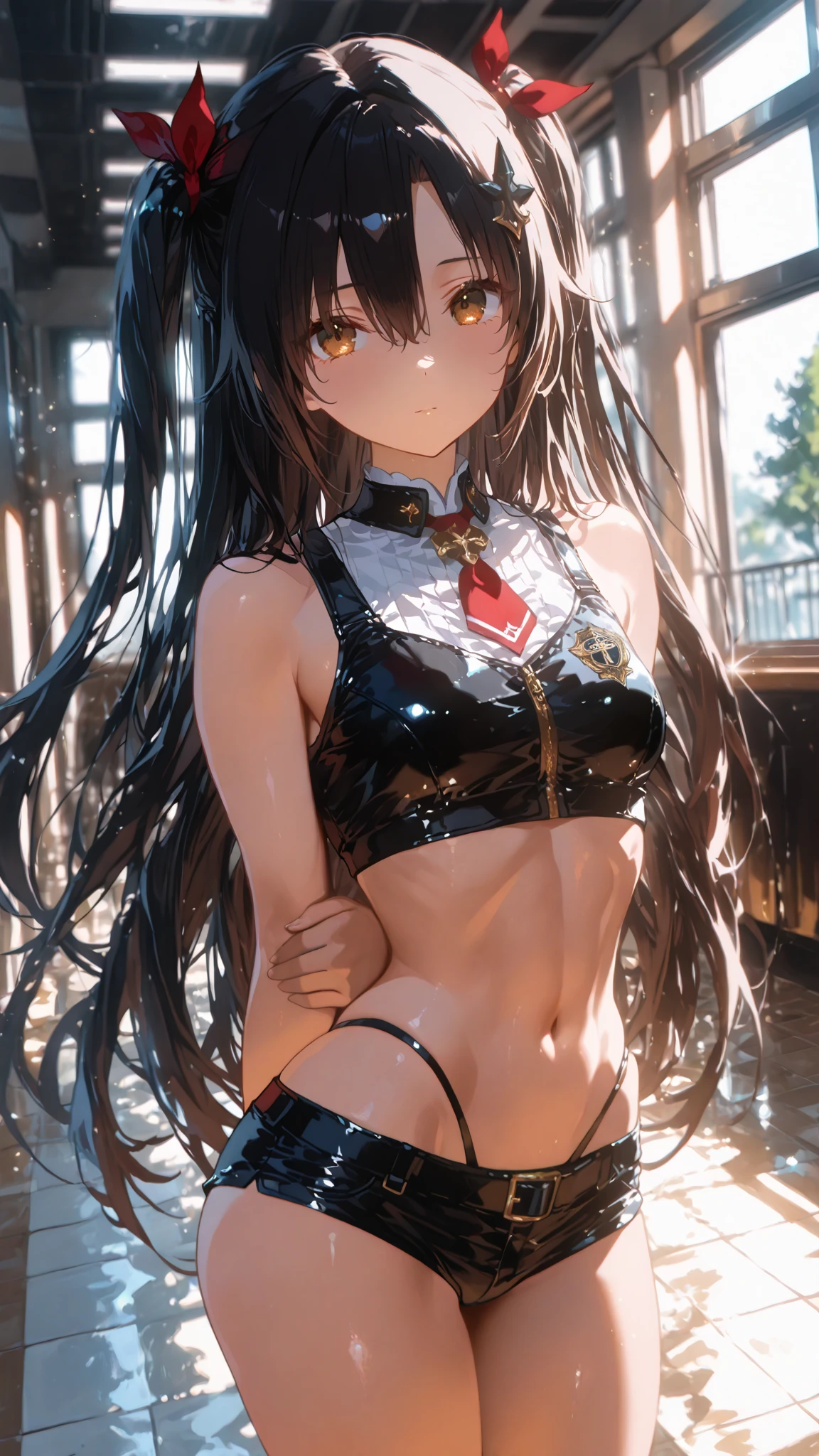 (((masterpiece))),(((highest quality))),(((very detailed))),figure, Mysterious, Bright colors, shiny , (Impressionism: 1.4), (very long hair that reaches down to the calves:1.5), (twin tails:1.5), (beautiful little brown black hair:1.5), (definition hair:1.3), (detailed eyes:1.3), A very patient look, blush, (woman lying down), The whole body gets wet, Wet and see-through clothing, high viscosity water, ((low length)), (thin udder)