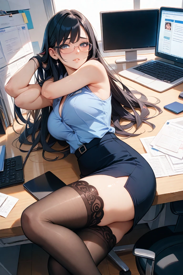 Mia Khalifa,1girl,Solo, Shy, Sexually suggestive, Indoors, Sitting, Shirt, Skirt, Long hair, Blush, Sleeveless, Shoes, Black stockings, Thigh length stockings, Black bra, Short white shirt, Full body, Big breasts,, Cleavage, Pantyles, Wooden floor, Shorts, Armpit peak, Bangs, Sleeveless shirt, Sunlight, pleated skirt,
phone, laptop, window, milk, cat, flower, desk, bed, bookcase, lantern,