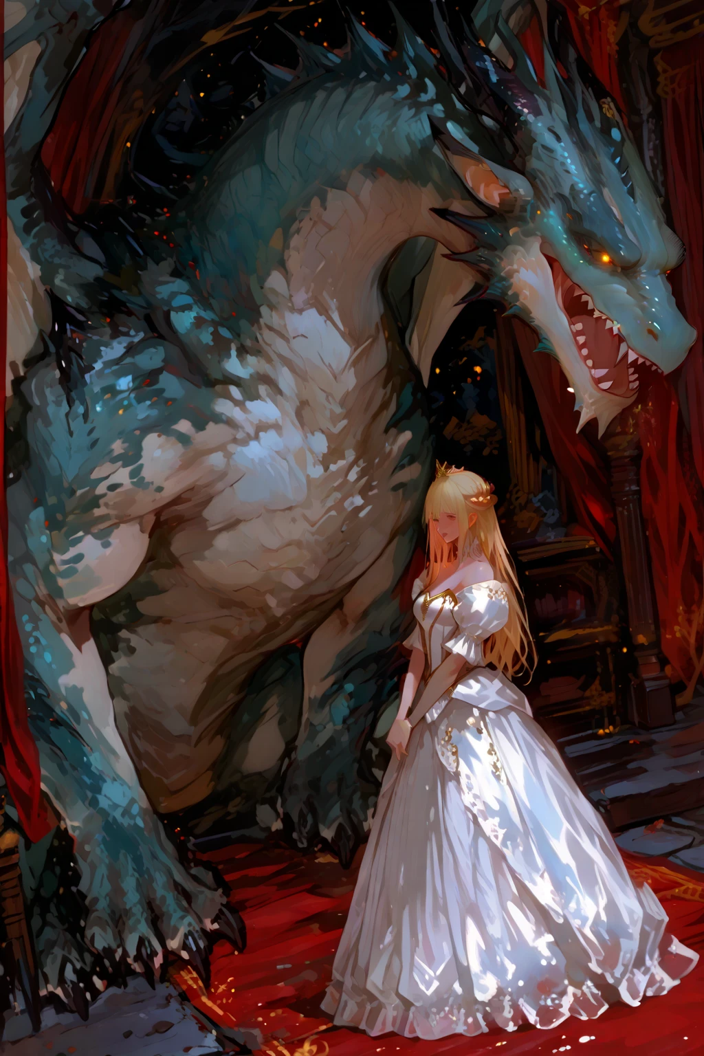 a princess trapped in a cage with an evil dragon