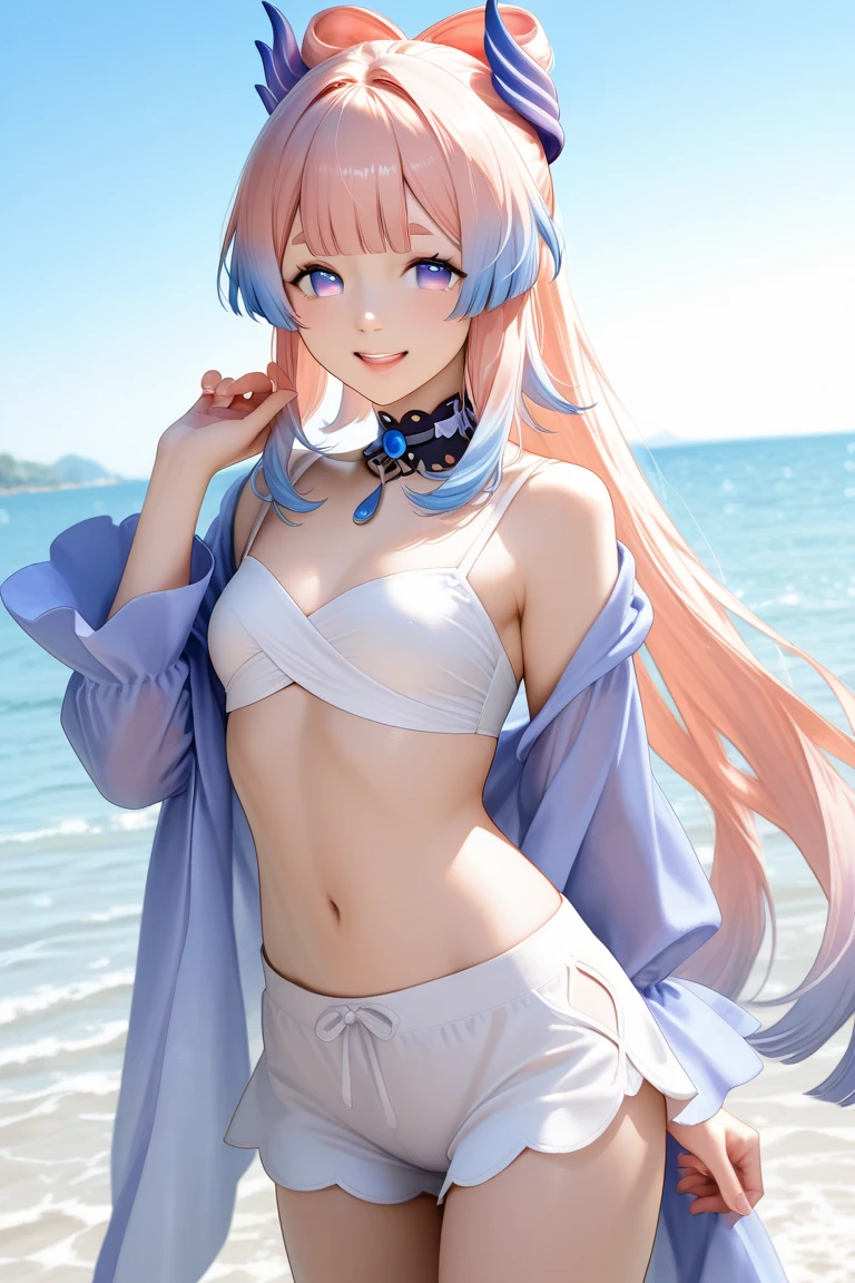Kasumi Yoshizawa, Yoko Asagiri , Bikini Armor, Full Length Image, High Quality, Ponytail, Small Breasts, Bangs, Smooth Thighs, Patsun, Top Quality, Ultra High Definition, Fine Eyes, Slender Legs, Fine Beautiful Eyes, 8K, White Bikini, Butt Protruding, Pink Hair