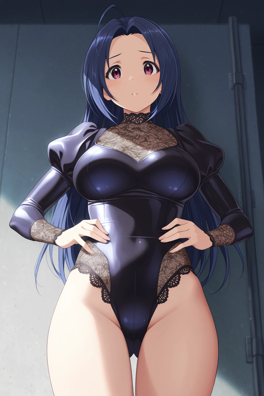 Stockings, BDSM, Slave, rubber, Black corset, shackles, collar, bedroom background, kanu unchou, anime cels style, best quality, high resolution, 1girl, (huge breasts:1.3), beautiful face, black hair, long hair, ((hair over one eye)), blue eye, navel, cowboy shot, smiling, blush