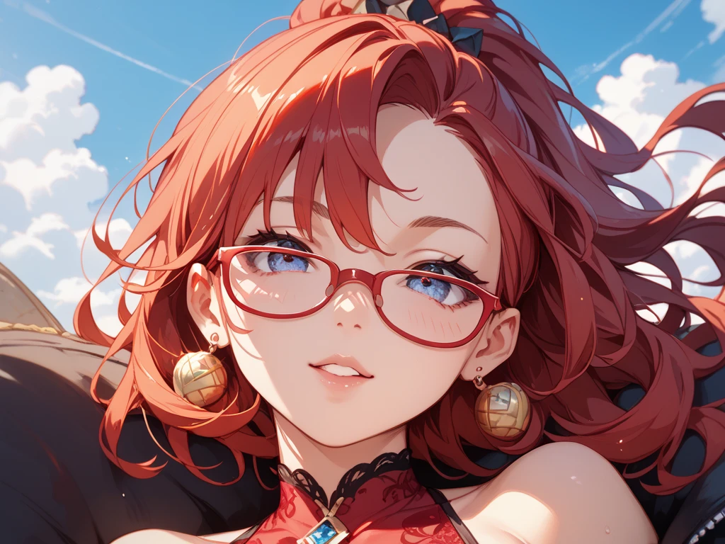 (Masterpiece, Best Quality, High Quality),Nishikino maki, Red hair, purple eyes, glasses, volumetric lighting, illustration, beautiful, upper body, (camisole:1.1), floral print, big breasts, looking to the side, confident, seductive smile, (arms behind back, head tilt:1.1), heart pendant, perfect lighting, perfect shadows, flower, (breathtaking scenery:1.1), tree, blushing
