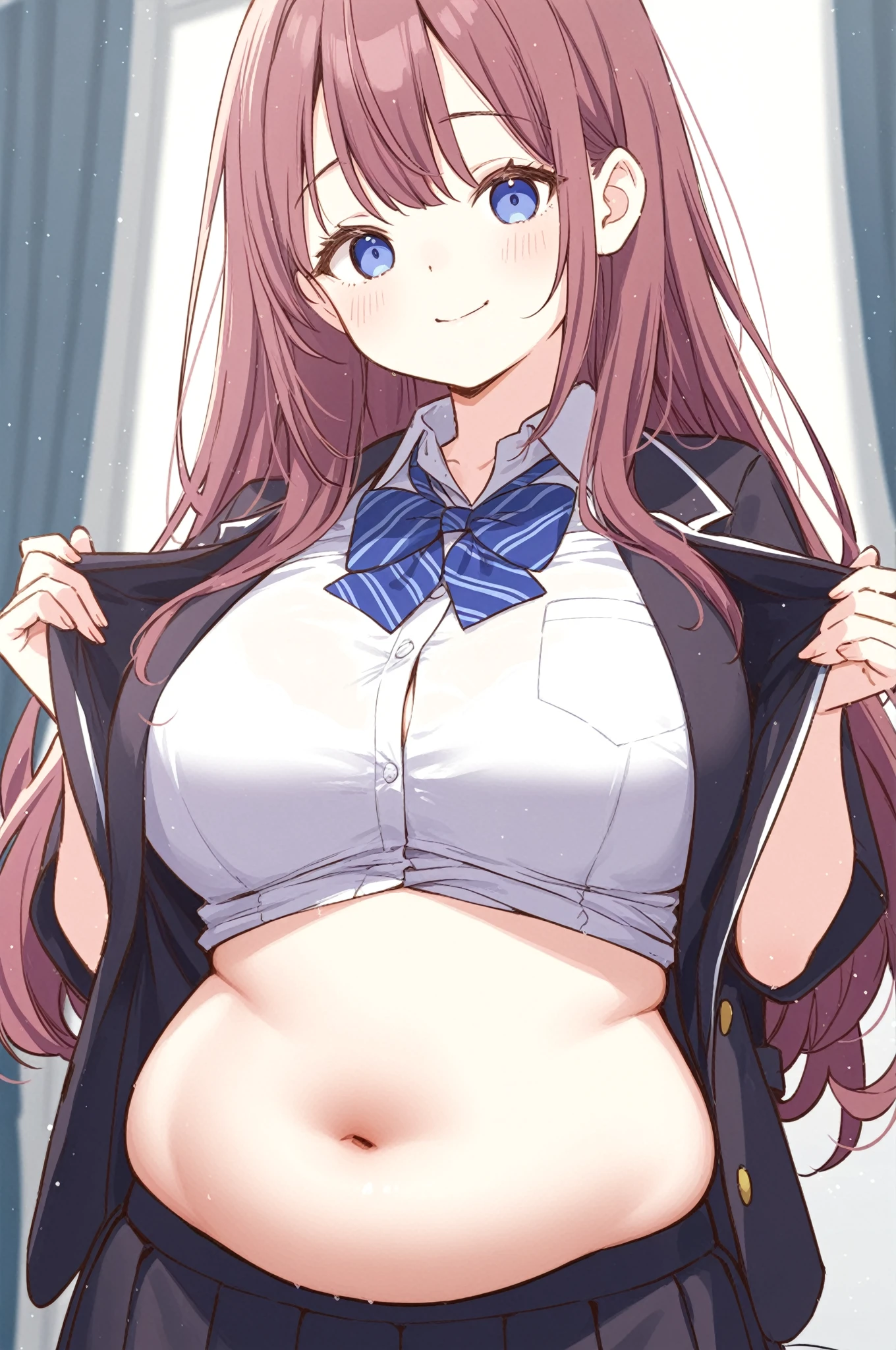 Cute young woman, white shirt, black blazer, blue plaid skirt, black leggings, choker, a little bigger than small breasts, freckles on breasts, long straight brown hair, freckles, fang, Red eyes, happy horny face, slim figure, thin legs, tilted her head, in bedroom, bottom view, blush.