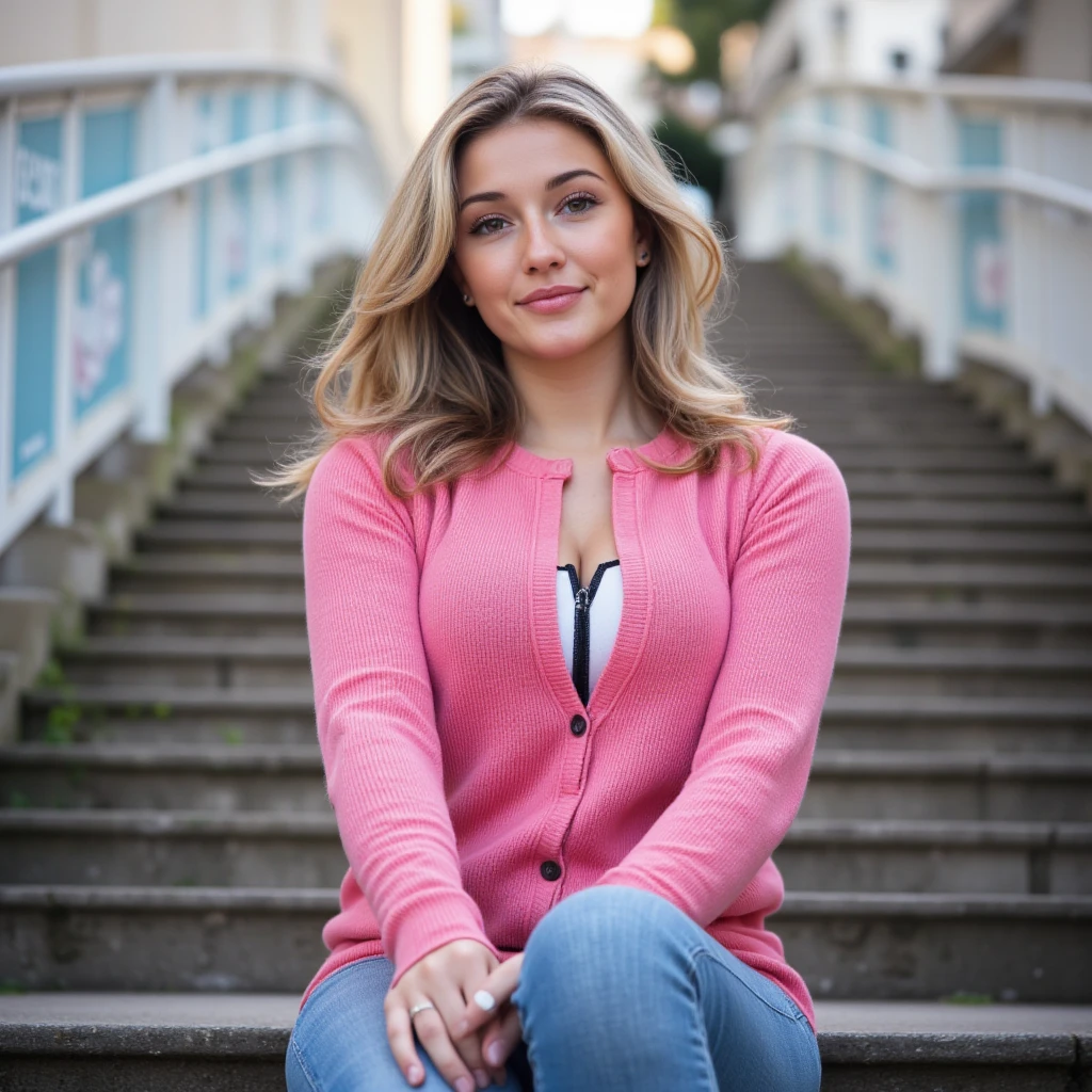 blonde girl, big beautiful green eyes, thin about 45 kilos, 150 centimeters tall, perfect waist, beautiful and perfect smile, beautiful and perfect appearance, real life, hyper real, high quality details, extremely real, real photo, extremely image careful, great quality of details with great and beautiful luminosity, 8k. dressed in tight black jeans, red blouse, floral jacket and sneakers. posing sexy for Instagram in the garden of the house