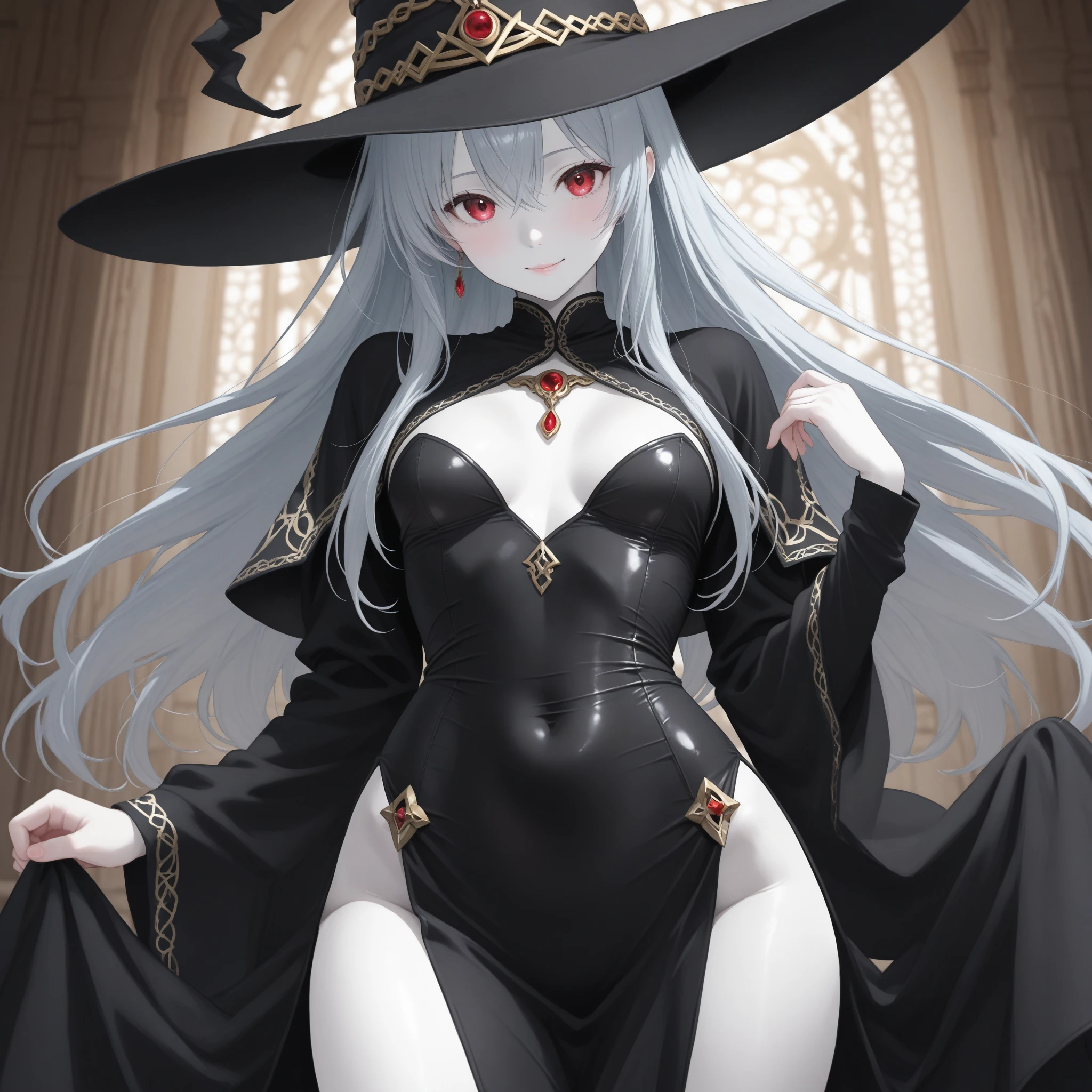 a 22 year old necromantic witch with a black dress, long black hair, red eyes, white skin and large breasts.