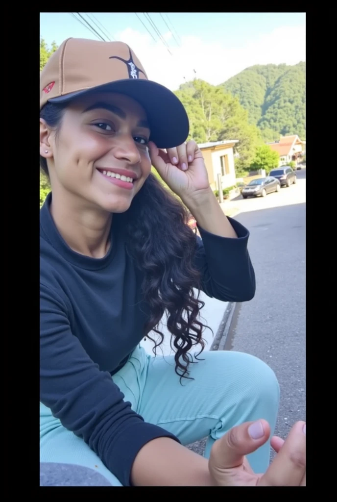A closeup of a woman in a short black shirt and shorts, an ahoge standing on her head, low-quality video, TikTok video, YouTube video screenshot, showing her face, she's facing the camera, striking a raunchy pose, low-quality footage, video still, blunt bangs fall on her forehead,  Cardi B, front pose, extremely hot and sexy outfit, tight, thick thighs