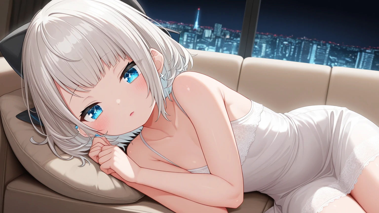 Ultra-high resolution,masterpiece, Attention to detail, Highest quality, 4K,(Silver braided short bob),(heavy chest,Captivating body、Ultra-detailed skin、Beautiful eyes、Detailed Background),1 girl、(lie face down, sleeping,Lying down)、bed、night、I can see the moon from the window、