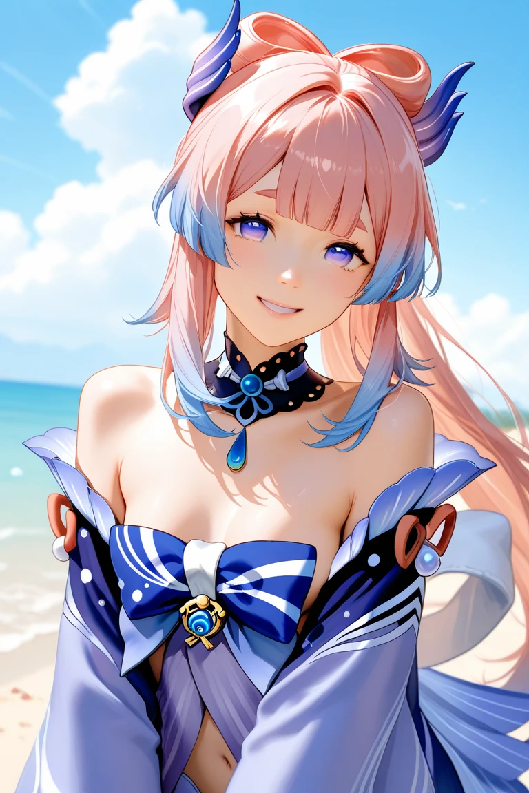 absurdres, highres, ultra detailed, HDR, master piece, best quality, extremely detailed, Tamamo No Mae, pink hair, expressive yellow eyes, Fate Grand Order, solo, woman, beautiful, smile, blue bikini, island, sea, beach, blue bra