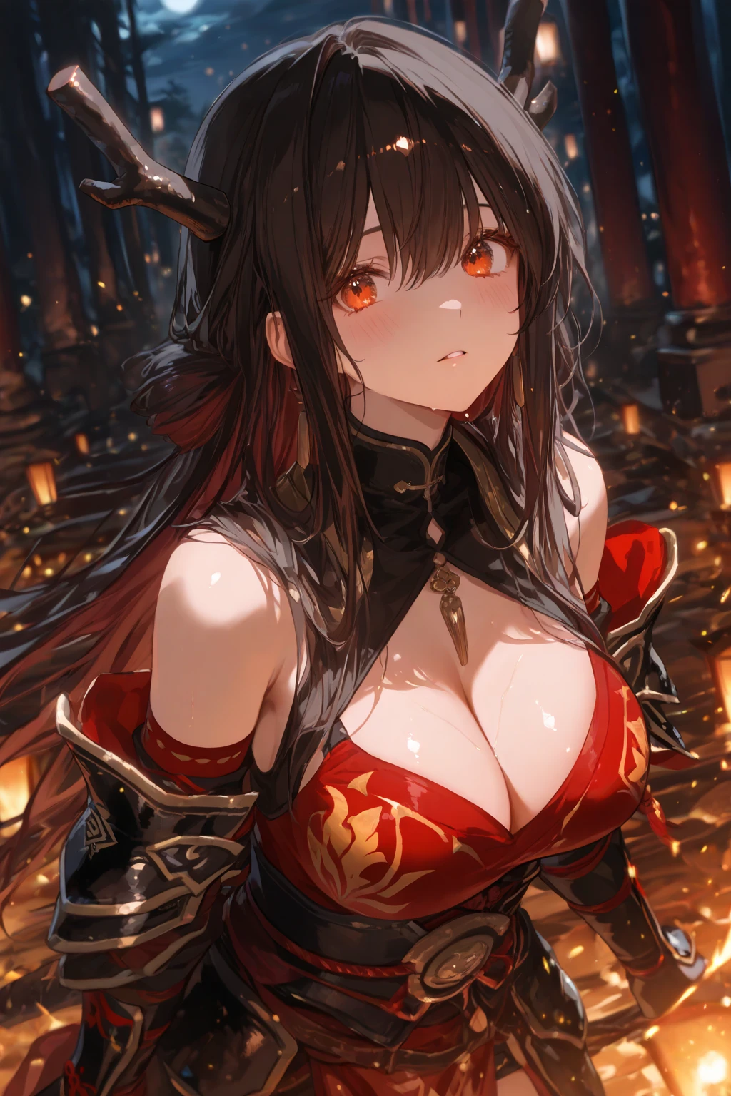 Kizi, long voluminous and messy dark brown curly hair, voluptuous, gold eyes, black choker necklace, orange earring, light brown cropped blouse, shorts above the waist dark brown, dark brown boots, RWBY style, realisitic, dark backdrop with orange symbols, high qualiy, detailded, seductive expression, fighting position.