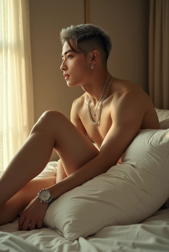 Masterpiece, best quality, 1boy, fair translucent skin, movie lighting, Chinese men, wearing underwear, big bed in bedroom, full body photo, tattooed, wearing sneakers, realistic effect, live-action effect, 8k, wallpaper style