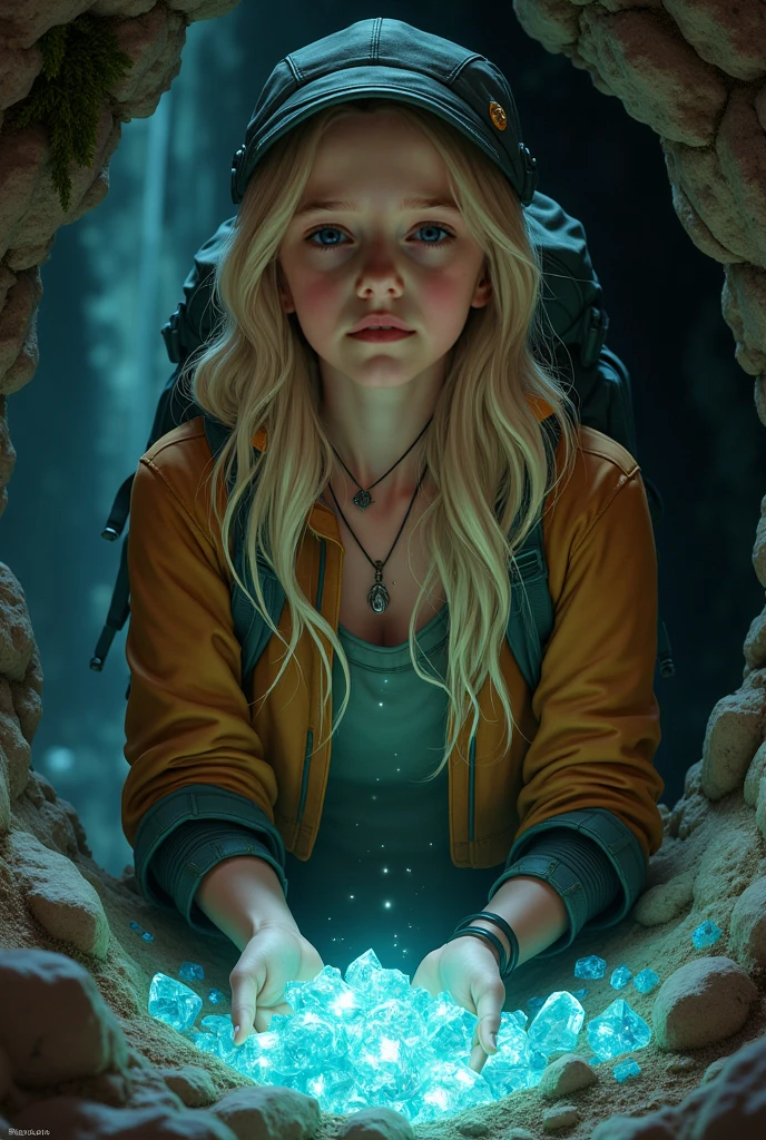 12 year old girl, with long blonde hair, denim jacket and black clothes, there is a green light that is shining on a glass, green radioactive glow, bright vial, radioactive particles, bright green, artistic render, nuclear power future, nuclear background, green ambient light, nuclear waste, bright liquid, 3840 x 2160, 3840x2160, photo rendering, bright energy