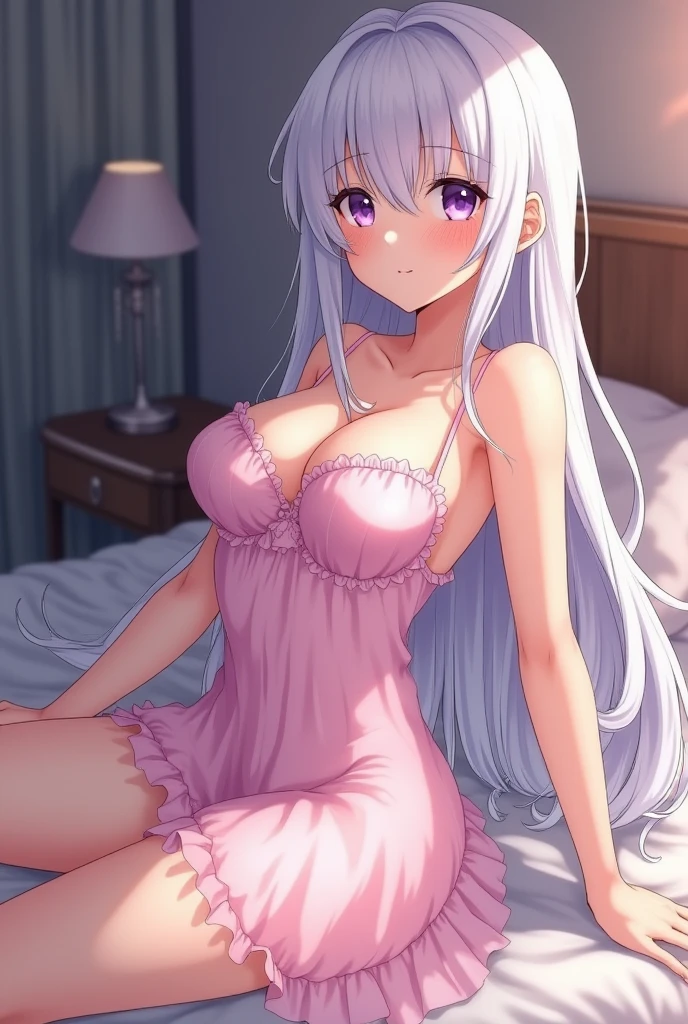 mastute piece,Best Quality,insanely detailed,8k cg,nsfw,
shoot upper body,(body in front:1.1),1girl,standing,looking at viewer,(pink night gown),BREAK,blush,shy,ecstasy face,gasping,(trembling:1.2),white hair,break,open mouth,large breast,bedroom,night,