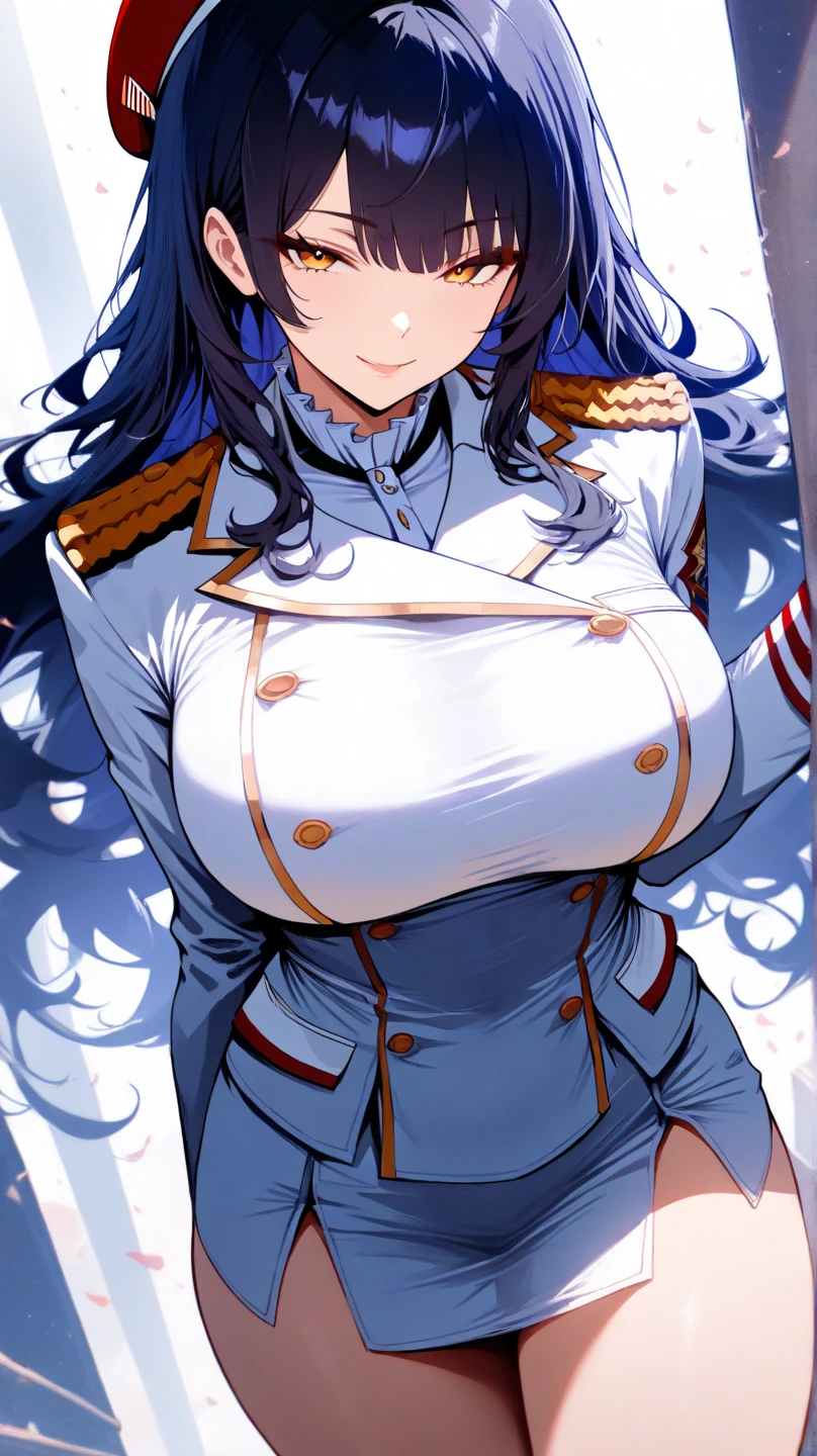 (Masterpiece, Best Quality), 1girl,solo, art by kipteitei, (gold eyes, white pupils:1.2), (super long dark blue puffy hair:1.5), (side boob, Her attire includes a stylish dress with gold accents, featuring a high collar, intricate detailing, and gold epaulettes. She wears black thigh-high boots with gold trim, big breast:1.2) (cute pose, smug expression, wide smile, white background, standing, tall:1.2)