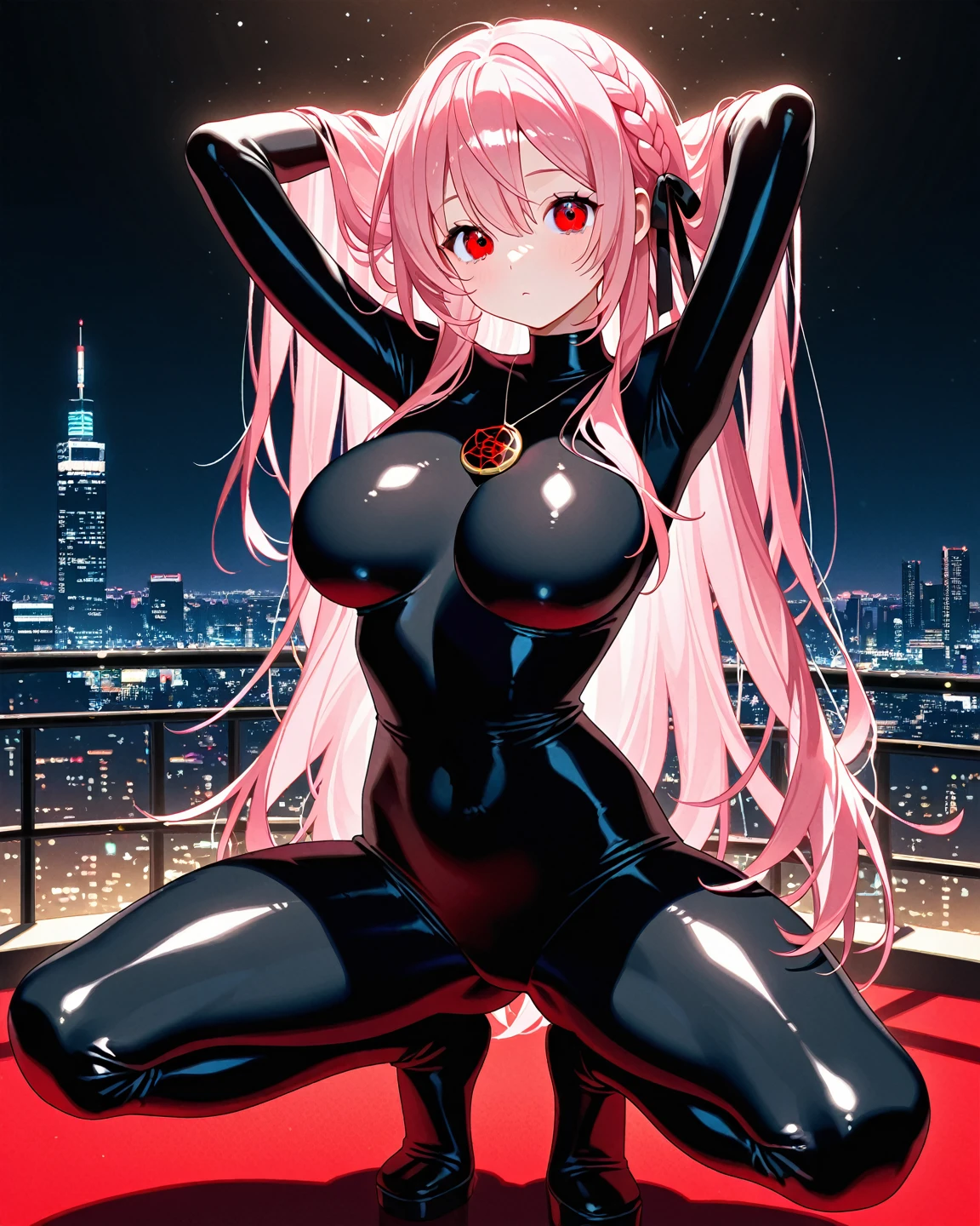 1girls,solo,super detailed skin,shiny skin,wet oily skin,expressionless,seductive smile, detailed eyes,half open eyes,eyelashes,lips gloss,pink hair,twin drill hair, sidelocks,large breasts,beautiful shaped breasts,full body suit,cleavage cutout,rubber bodysuit,ninja costume ,night city,rooftop ,model pose,masterpiece,best quality,ultra detailed,high resolution,sharp focus,depth of field