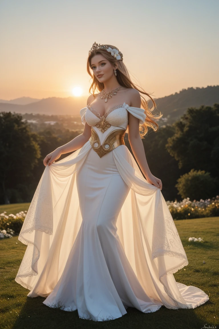 blonde pigtails, (wears a thin white goddess dress), (golden crown), (platform shoes), sexy standing pose, ((fantasy themed)), (Detailed chest), (Detailed step), castle in background, Lively, colorful lighting, dslr, 4K, 8k, filmic, HDR lighting 1 girl, Long hair, Silver dress, (Dress with sequins:1.3),
Art by (Bastien Lecouffe-Deharme:1.1), Hyperdetailed, trend on artstation, HD, , muscle legs,