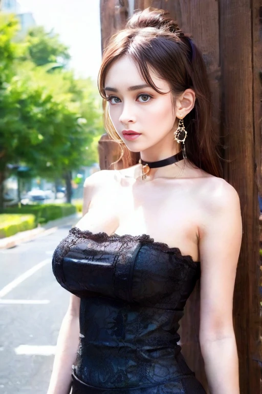bestquality、Highres、8ｋ、Girl 1 Mature Mature Mature Mature Woman Man、(Huge breasted)、During the Day、Bright、out door、(Street:0.8)、(People々、crowds:1)、(Lace) -trimmed dress:1.5、Light Black Clothing:1.5、Black High Neck Dress:1.5、sleeveless dress、Black Dress:1.5)、Luxury、(medium Hair)、beautiful detailed sky、beautiful earrings、(Dynamic Pose:0.8)、 (upper Body:1.2)、Illuminated by soft、Wind、Lustrous skin、line of sight、