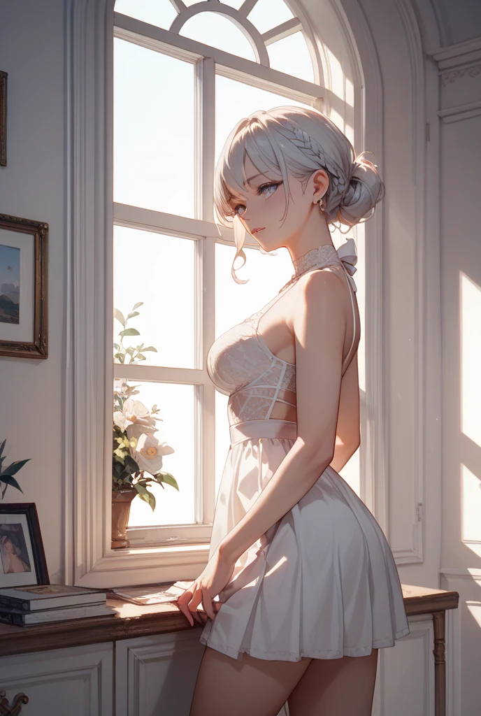 (from below:1.2),(from side:0.9), ((Face)), (Close-Up:0.1), (A masterpiece of image quality in 8K),(Beautiful Allafed Woman),(((emphasizing breasts:1.3))),(Dynamic angles),(Dynamic and sexy bending pose:1.3),(sit a chair:1.3),(Short hair in shiny silver and orange inner colors,large full breasts,Disturbance of clothing due to movement,breast slip,(Ponytail twisted buns adorned with elaborate braids and beads,Braided Setup Fishbone Hair:1.2),(see-through bangs),(small breasts:1.4),(((A brown lace apron that shows your bare skin from under your small breasts.......)))、Blush with embarrassment、Enraptured eyes、 open mouth,A smile that beguiles the viewer、(Look back:1.7)、Look into the photographer,skin glistening with sweat,gazing at viewer,,(Professional Lighting),(masutepiece,top-quality,Ultra-high resolution output image,),(Ultra HD with complex detail image modes),depth of fields,Beautiful hands,Beautiful fingers,Detailed finger features,(Detailed hair features:1.7),detailed facial features,detailed clothes features,