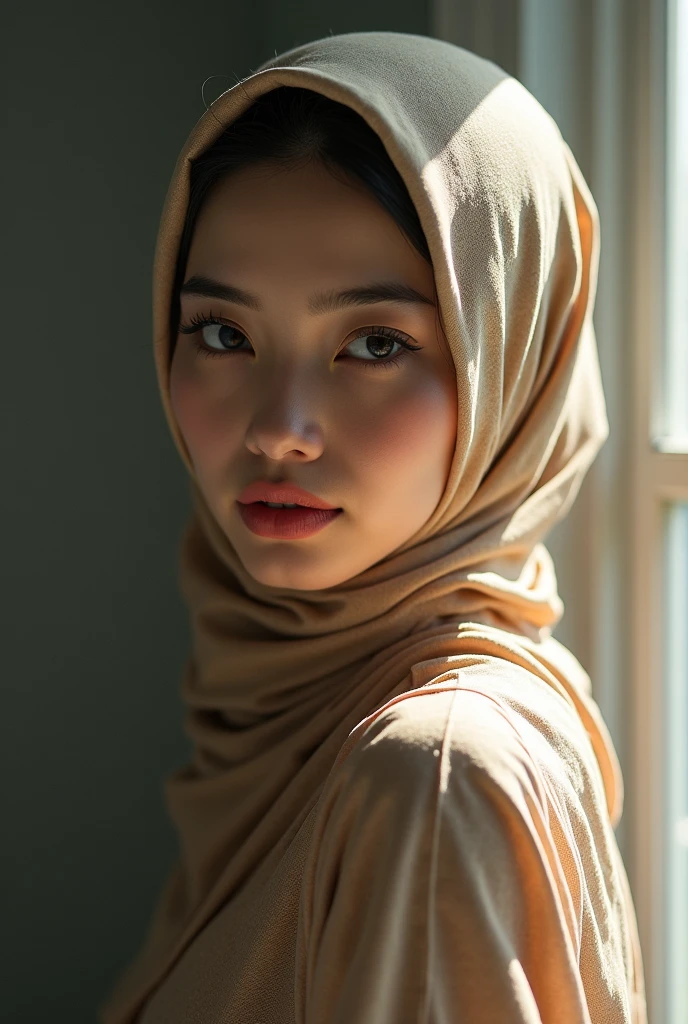 Javanese, Hijab, cleveage, reflected light, Chiaroscuro, Depth of Field, Movie Lighting, Ray Tracing, Sony FE GM, Ultra HD, Super Detail, masterpiece, Textured Skin, High Detail, best quality, The award-winning，3d,HDR（High Dynamic Range）,Ray Tracing,nvidia RTX,Super Resolution,Unreal 5,Subsurface scattering、PBR Textures、Post-Processing、Anisotropic filtering、Depth of Fieldaximum definition and sharpnesany-Layer Textures、Albedo and Specular Maps、Surface Shading、Octane rendering accurately simulates the interaction of light and matter、Two-color light、Large aperture、Low ISO、White Balance、Rule of Thirds、8K raw data