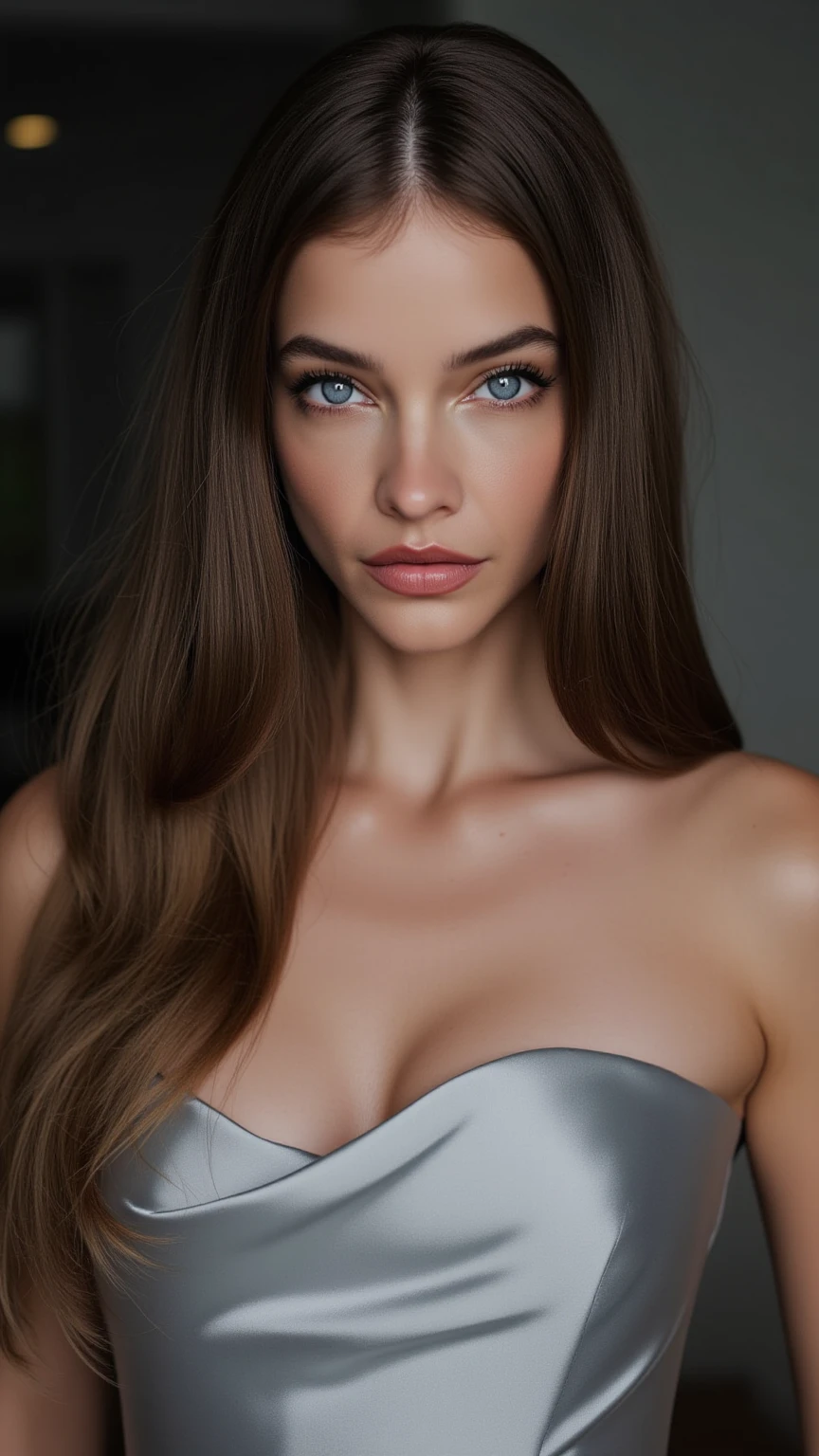 a close-up of a woman in a silver top posing for a photo, clear portrait of half pink, violet myers, portrait half pink, half pink, retrato sophie mudd, portrait of half pink, beautiful latin face, sexy girl, shiny silver, shiny and metallic, jaw dropping beauty, Beautiful woman, jaw dropping beauty, tight costume, 18 years old