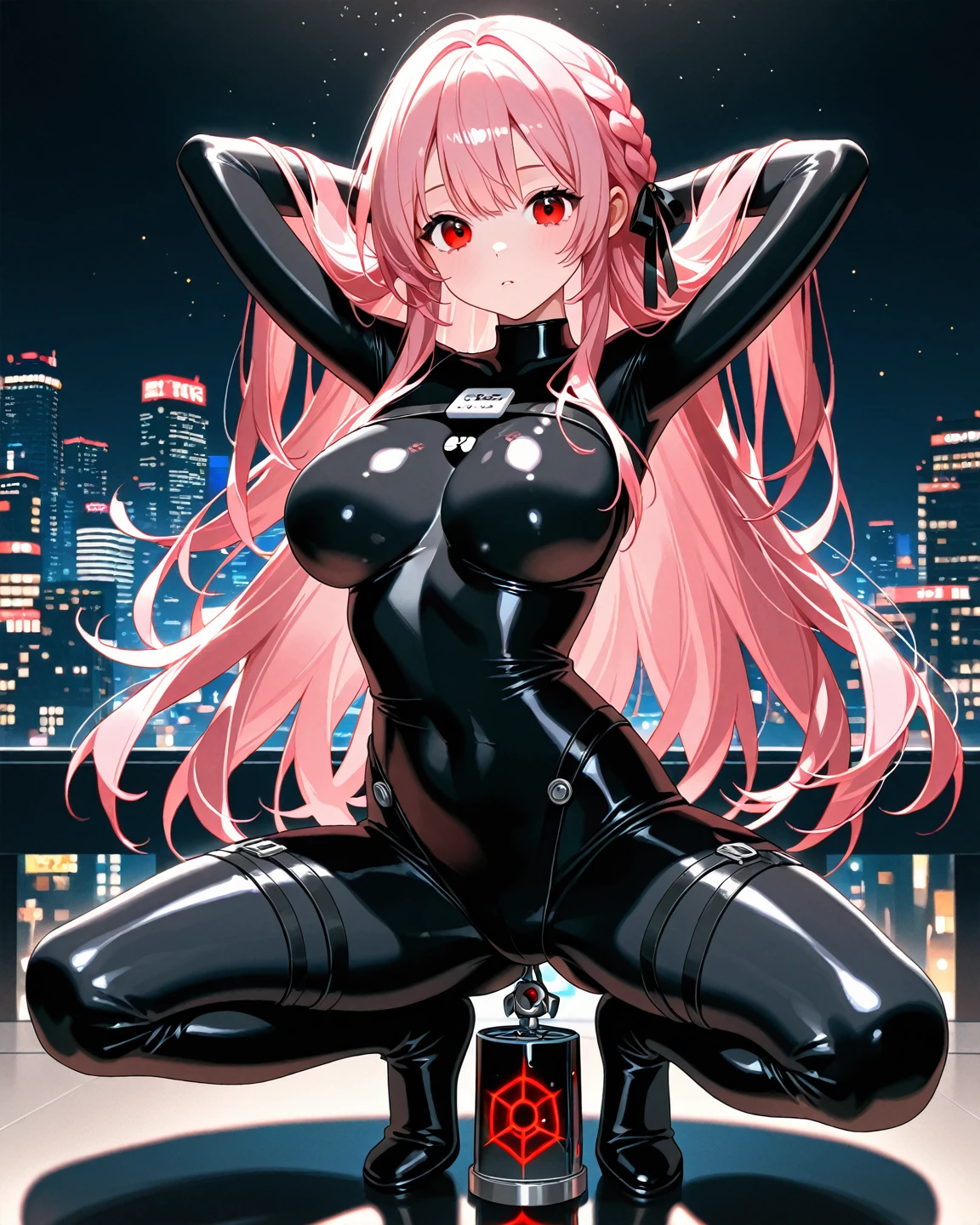 best quality, insanely detailed, nino nakano, breasts, blush, looking at viewer, cheerful eyes, arousal,long sleeve leotard, highleg leotard, athletic leotard, tight leotard, full body, spread legs, roof top background