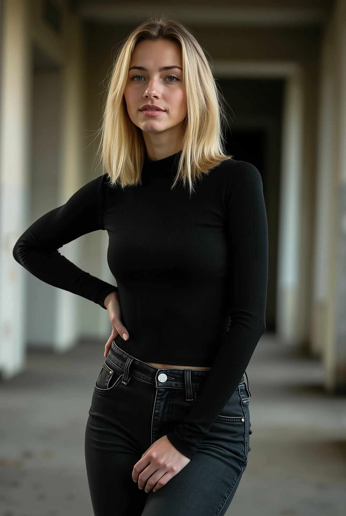 tgnd, 1girl, full body shot, photorealistic, white European woman, German ethnicity, light skin, young adult, round face, pretty but natural, everyday street beauty, girl-next-door charm, chin-length blond hair, strictly middle-parted, pin-straight hair, confident casual presence, standing pose, one hand on hip, relaxed but self-possessed stance, commanding expression, steady eye contact, emotionally detached, composed and slightly distant, wearing super high-rise black skinny jeans, extreme high waist, waistband reaches above navel, tight form-fitting cut, ultra high-waisted denim, thin waistband, narrow zipper fly, visibly compressing waist, wearing black long-sleeve top, opaque rib fabric on chest and midriff, sheer mesh on shoulders, cleavage and arms, slight midriff visible despite high rise jeans, minimalist but elegant style, abandoned ruined building interior, daylight, raining outside, soft diffused natural light, realistic environment, moody atmosphere, cinematic tension, subtle rain reflections, high detail skin texture, visible fabric tension, denim texture, sharp focus, photoreal lighting, ultra-detailed, best quality, high resolution
