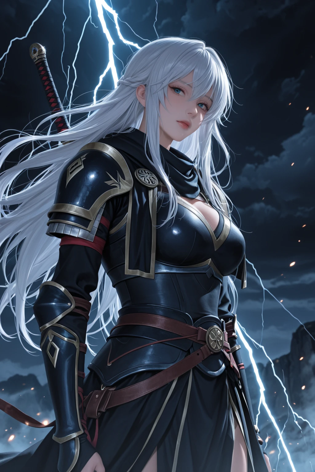 White Hair, length hair, Rot Schwartze Uniform, Rock , Lead the Belt, 4K , good quality, red eye, blue skin color, two swords, big boobs,