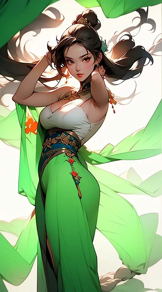 ((masterpiece)), (best quality), (Work),  Art Nouveau watercolor painting , moon goddess  , big breasts，robe，thong，show your neck，bare shoulders，Show belly button，exposed camel toe，Plum blossom tattoo on butt，big eyes, long, thick eyelashes, plump lips, dark red eyes, hair long and thick,  high ponytail, flowery_background, Intricate designs and patterns in the style of Alphonse Mucha.from behind