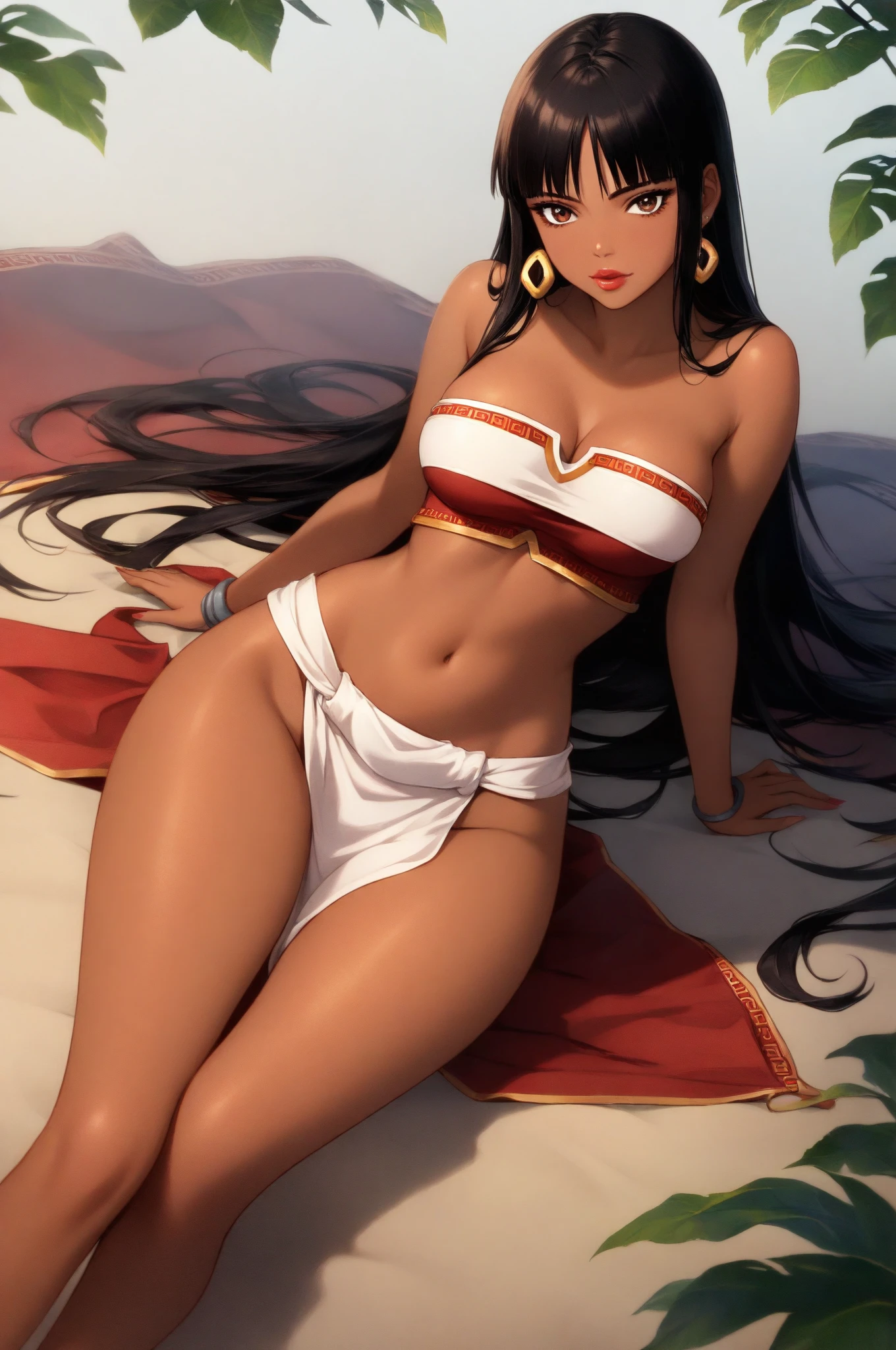 full body shot, white-skinned woman, black hair, blue eyes, face with fine and delicate features, full lips, wearing a transparent white tunic, with a huge neckline, the skirt has side slits that leave the groin and thighs exposed, she has a black necklace, a black velvet anklet.she is barefoot, ultra-detailed, ultra-realistic