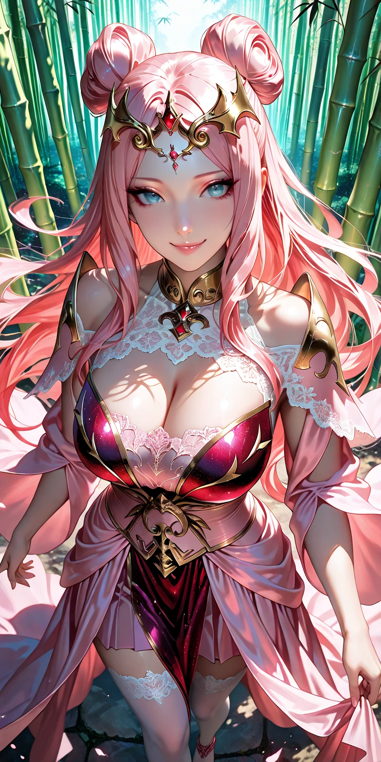 (masterpiece, best quality:1.2), 1 Girl, Solitary，(best quality, 8K, high resolution, masterpiece:1.2), Digital Artwork, A girl, Delicate face, Exquisite eyes, Pink Hair, Long straight hair, Glowing purple eyes, Red lips, Suspenders, Fantasy Landscape, Vibrant colors, Soft lighting, Whimsical atmosphere, Blooming flowers, floating long dress, Fine details, Ethereal Background, Dreamy，Huge breasts（100.0），Huge breasts（100.0），Huge breasts（100.0）