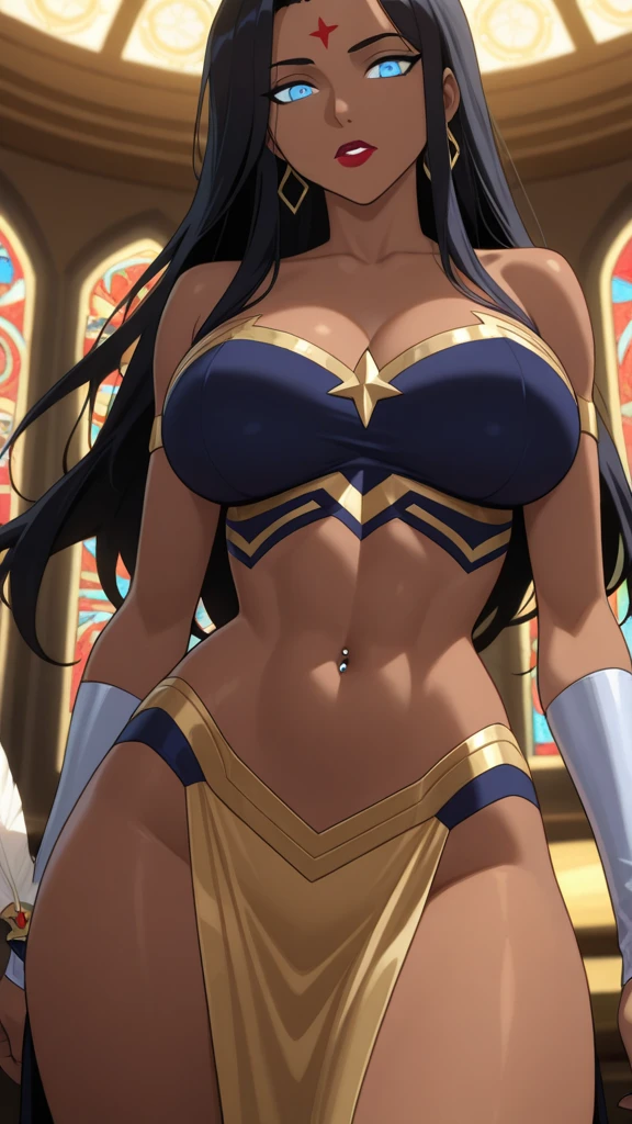 masterpiece, best quality, matsumoto rangiku, beautiful lighting, long hair, (Wonder Woman costume), crop top, mini skirt, turtleneck, gigantic breasts, underboob, standing, looking at viewer, blue eyes, smile, japanese architecture, cowboy shot, shiny skin, gigantic breasts, curvy, seductive smile, bare shoulders, elbow gloves, black hair ,((light dark skin: 1.4))