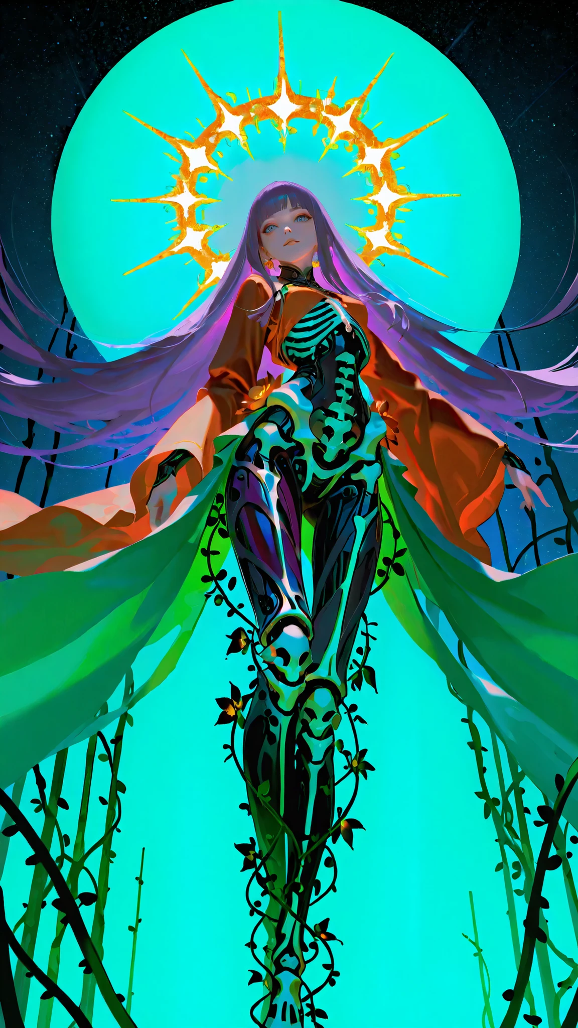 A surrealist, low-angle cinematic view (low angle shot). In an ethereal garden, heavenly space with a soft, glowing sky-blue background, the scene is illuminated by a single radiant beam of light from above, lifting and gently suspending a challenging young woman in the air. She has long purple hair with blunt bangs, fluorescent blue eyes,  and pale skin . Her expression is confident and defiant, looking directly at the spectator.
She slightly lifts her shirt—with her lower chest visible—revealing that the inside of her body shines with neon-colored bones, each rib and visible bone shining in a different shade: rosa, blue, green, orange, purple, as if her skeleton If it were made of light.
From her lower abdomen, surreal vines, Bright plants, and magical flowers emerge, flowing down and out, intertwined with stardust floating and cosmic energy. The light of her inner body and flora interact with the heavenly atmosphere,  that create a radiant , otherworldly aura. She floats with confidence, suspended in a dreamlike void, an icon of beauty, mystery, y transformación.