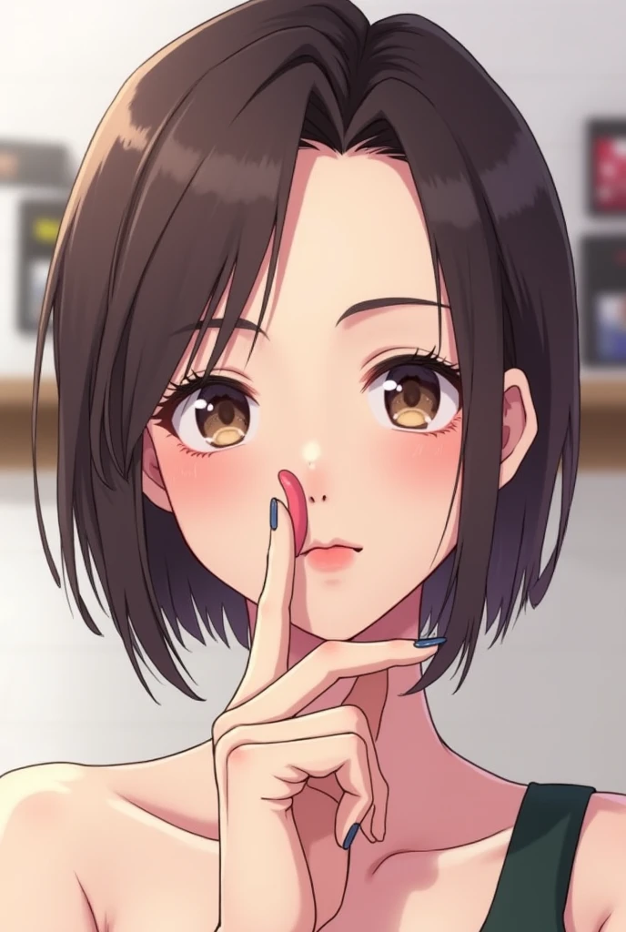 (((head shot))), ((from above)), frame in, from right in front of face and body, view straight on, upper body, High quality, very high res, High quality, very high res, cute girl, brown hair, forehead, blunt bangs, bob cut, blush, Brushed up bangs, wearing a plain t-shirt, shirt lift, medium breasts, pale pink nipples, I can see your belly button, (kneeling down pose) ,(1boys), ((short penis tip)), (fellatio), (mouth wide open), ((Deep Throat)), holding penis with one hand, at office