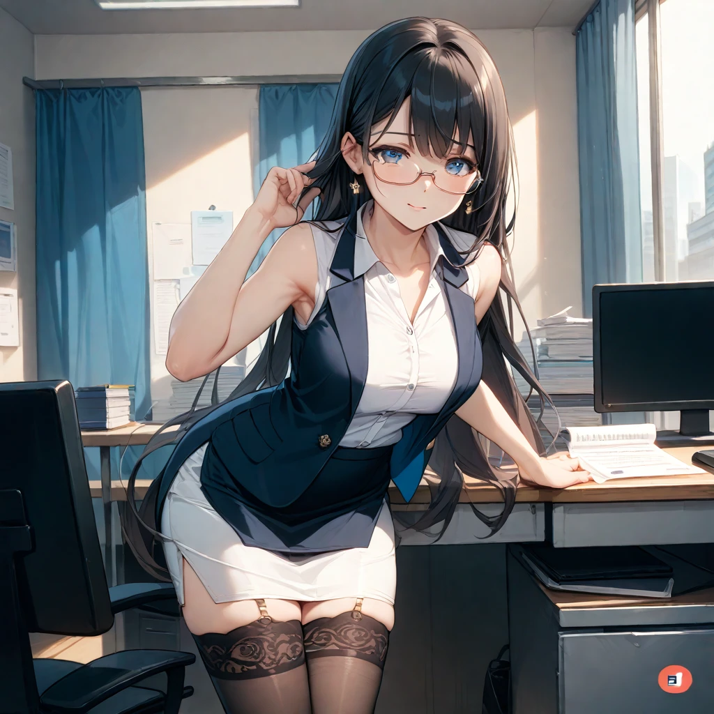 masterpiece, Highest quality, Twitch-chan, Hair Clip, hair ornaments, Collared shirt, No sleeve, tie, gloves, sitting behind a desk, View your viewers, smile, wave hands, bedroom, bed, computer mouse, keyboard 
