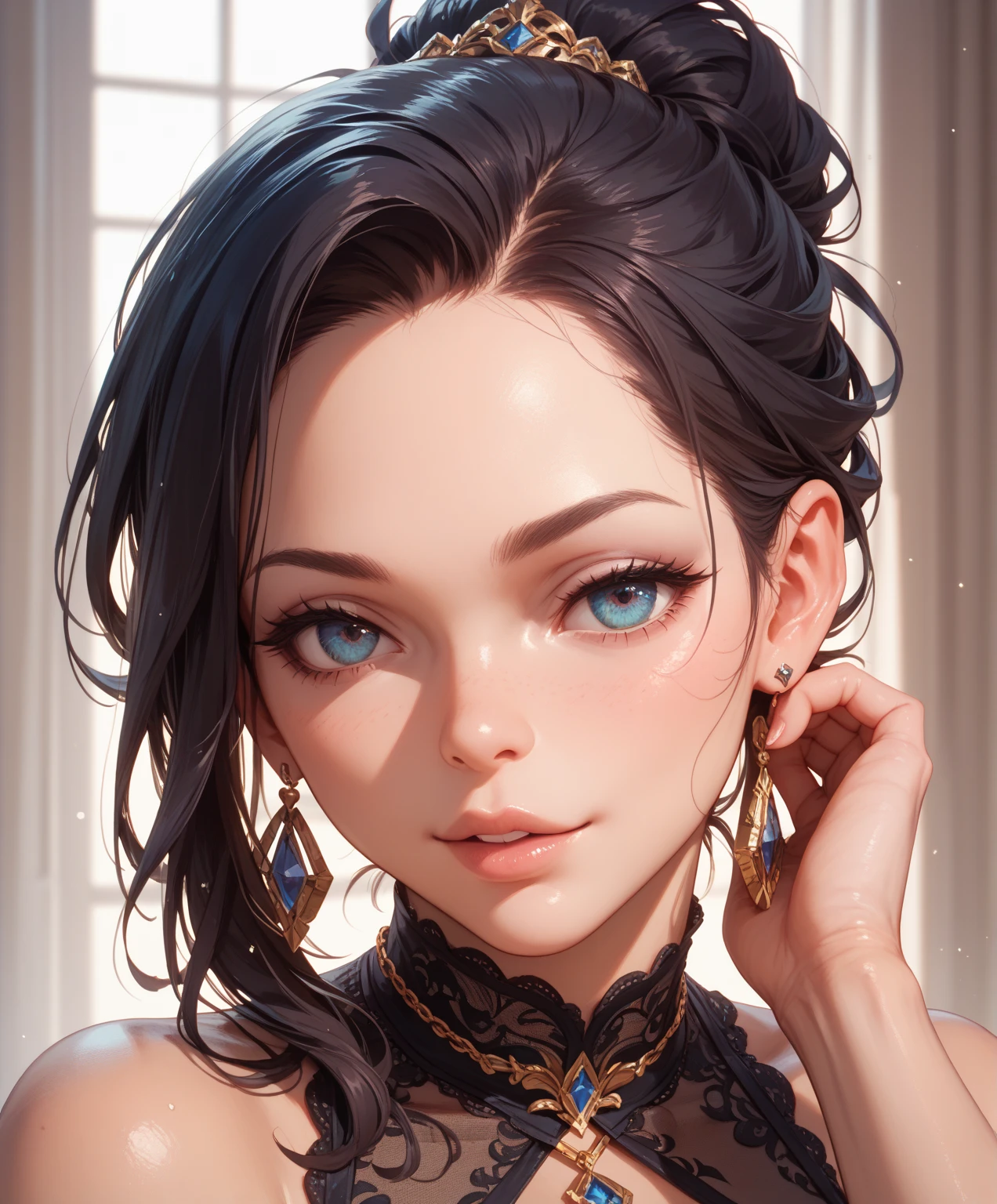  Amazing portrait of a sexy woman with a beautiful face emphasized by amazing makeup and beautifully detailed eyes with perfect lips wearing her black hair in a messy bun blushing intensely as she's flustered and lustful wearing some elegant earrings and a black blouse paired with a sheer dark green saree making her look hot with vibrant colors and soft lighting