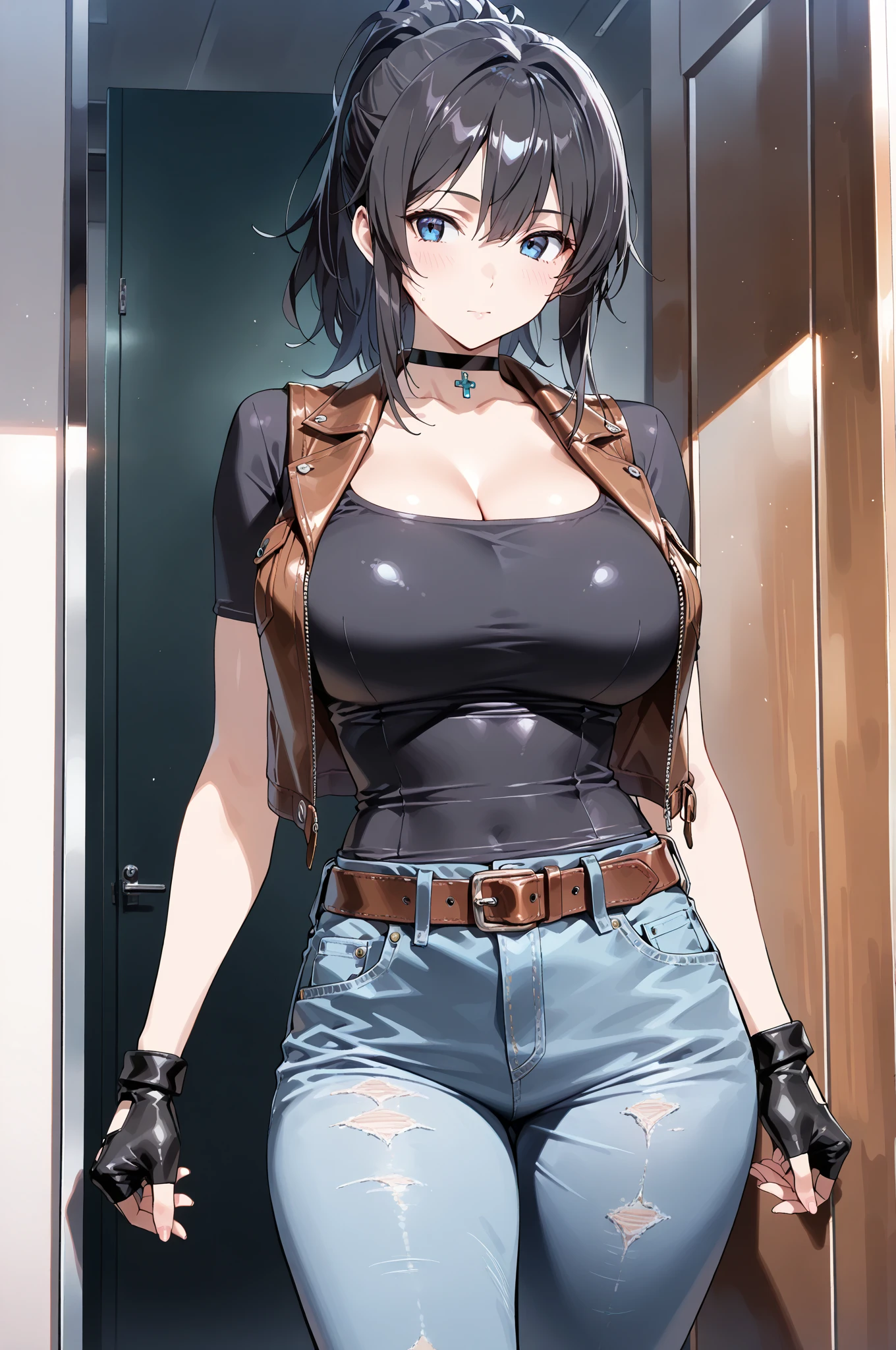 Samsung Sam, (((huge breasts))), elastic breasts, five fingers, detailed hands, seductive smile, bob haircut, full body, tight blue jeans, shirt, black button up shirt, open shirt, revealing breasts, flashing, holding shirt open, nipples, bedroom eyes, inside a cellphone store, undressing, unbuttoned jeans, (curvy accentuated booty), 8K, ultra-detailed
