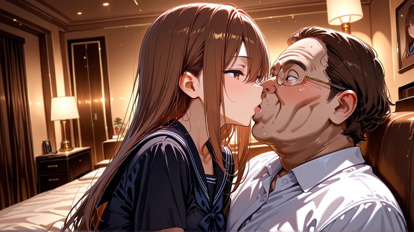 Crowded trains, girl, The fat bald man hugged her from the front,Lift her legace close to lips, black undersuit,, Visible nipple, 40k, photore, tmasterpiece, Best quality at best, dark grey background, (a girl immediately), Fully open legs, An old man got on top of her from the front and picked her up, I have many postures, Be red in the face, Problem with eyebrows, dyspnea, clench one's teeth, burning face, Heart pupil, sweaty, Get wet all over your body, brunette color hair, long whitr hair, knee bend, Reluctant, watery big eyes, bigger, soaking, small, Elongated, white shirt, tiese, Pants visible from short pleated skirt, slouch, slouch, both hands on hip, crotch, , puss, hugs, tongue, cowboy lens, Close-up Shot Shot, deep kisses, lick each other#39;s tongues